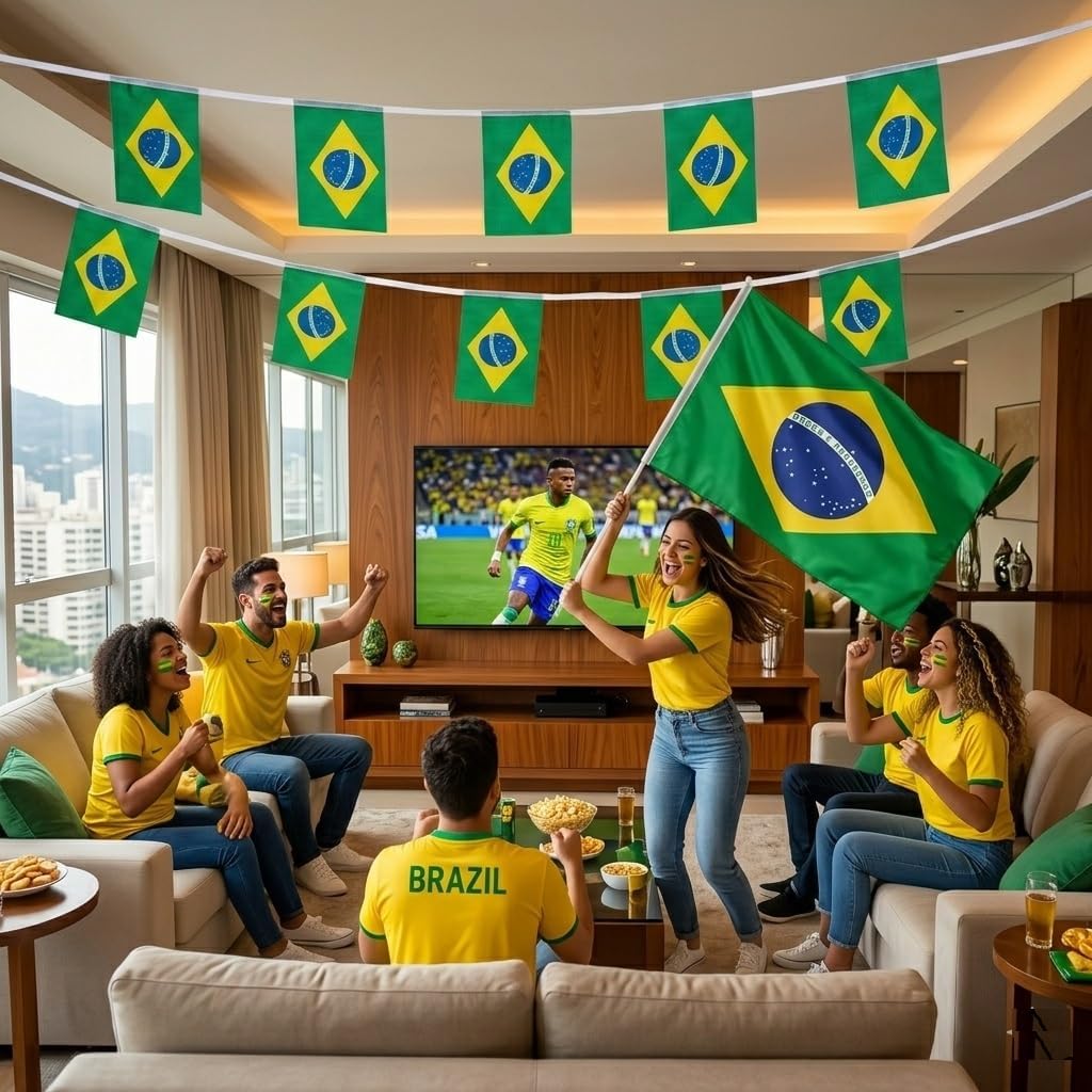 Kit do Torcedor Brasil Copa do Mundo 2026 – 3 Peças: 1 Bandeira, 2 varais com 10 bandeirinhas do Brasil.