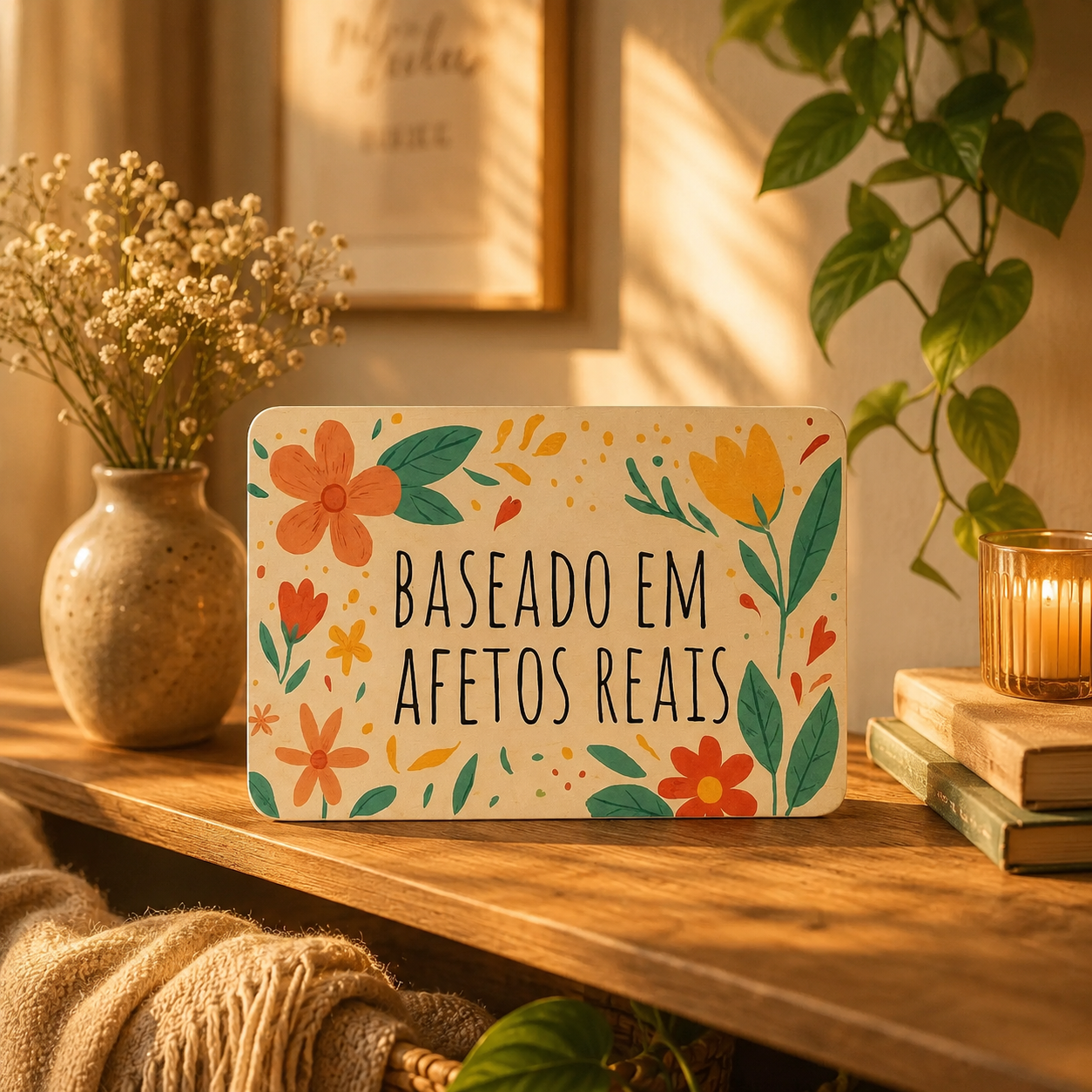 Quadro decorativo em Madeira Frase: Baseado em Afetos Reais