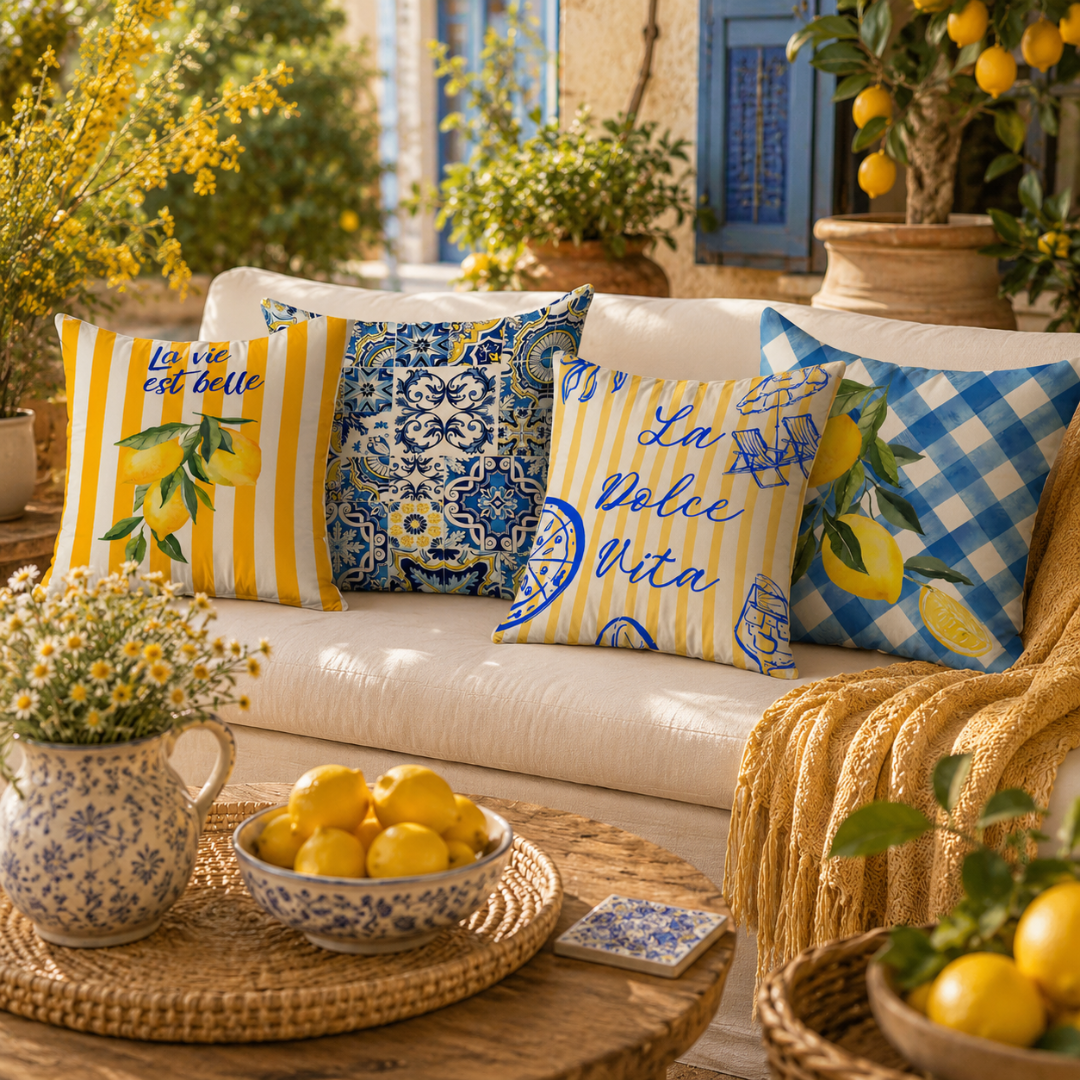 Kit 4 Capas de Almofada 45x45 cm Sublimadas Limão Siciliano, Azul e Amarelo Estilo Mediterrâneo