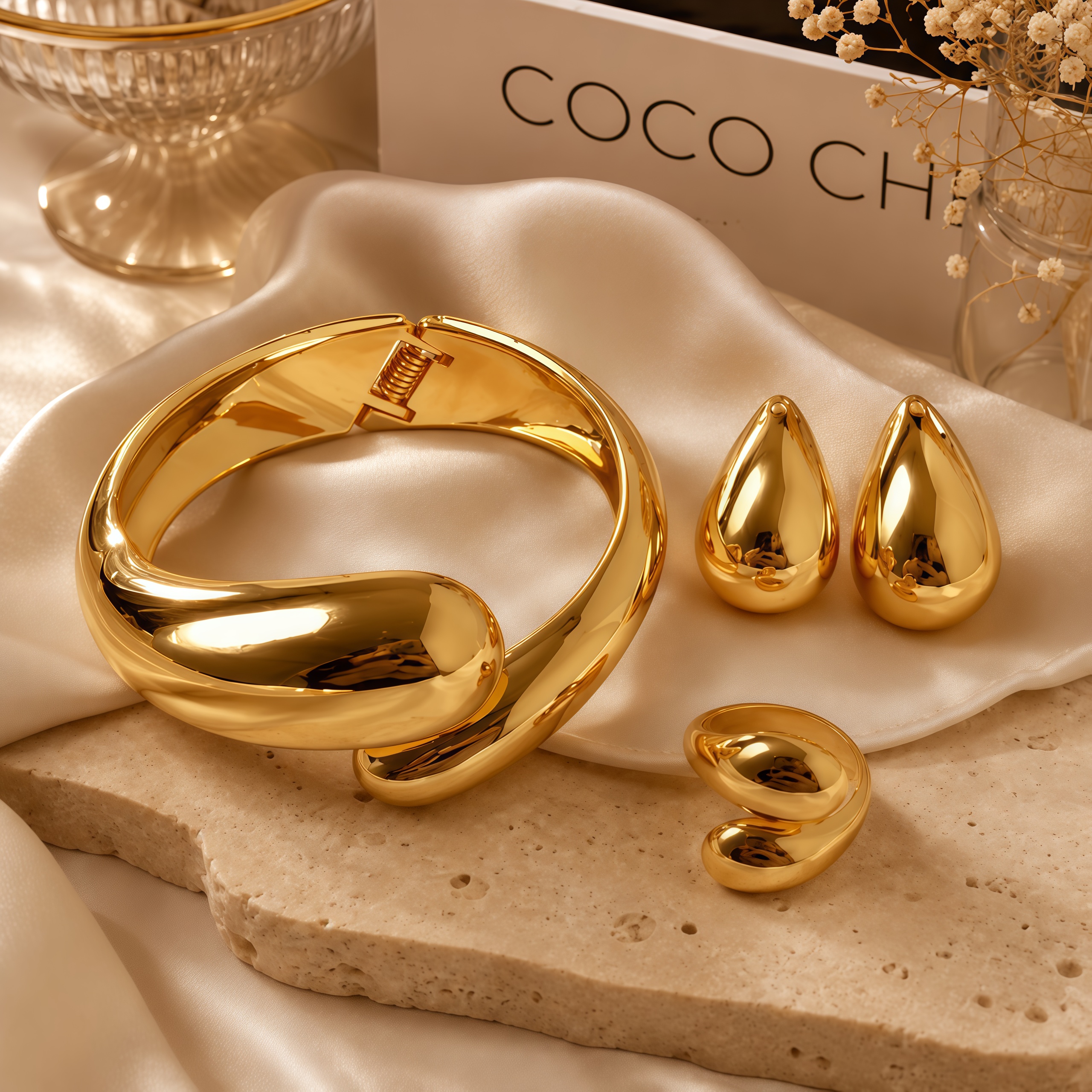 Conjunto: Brincos, Bracelete e Anel Gota Médio Dourado - Bijuterias femininas Pulseira