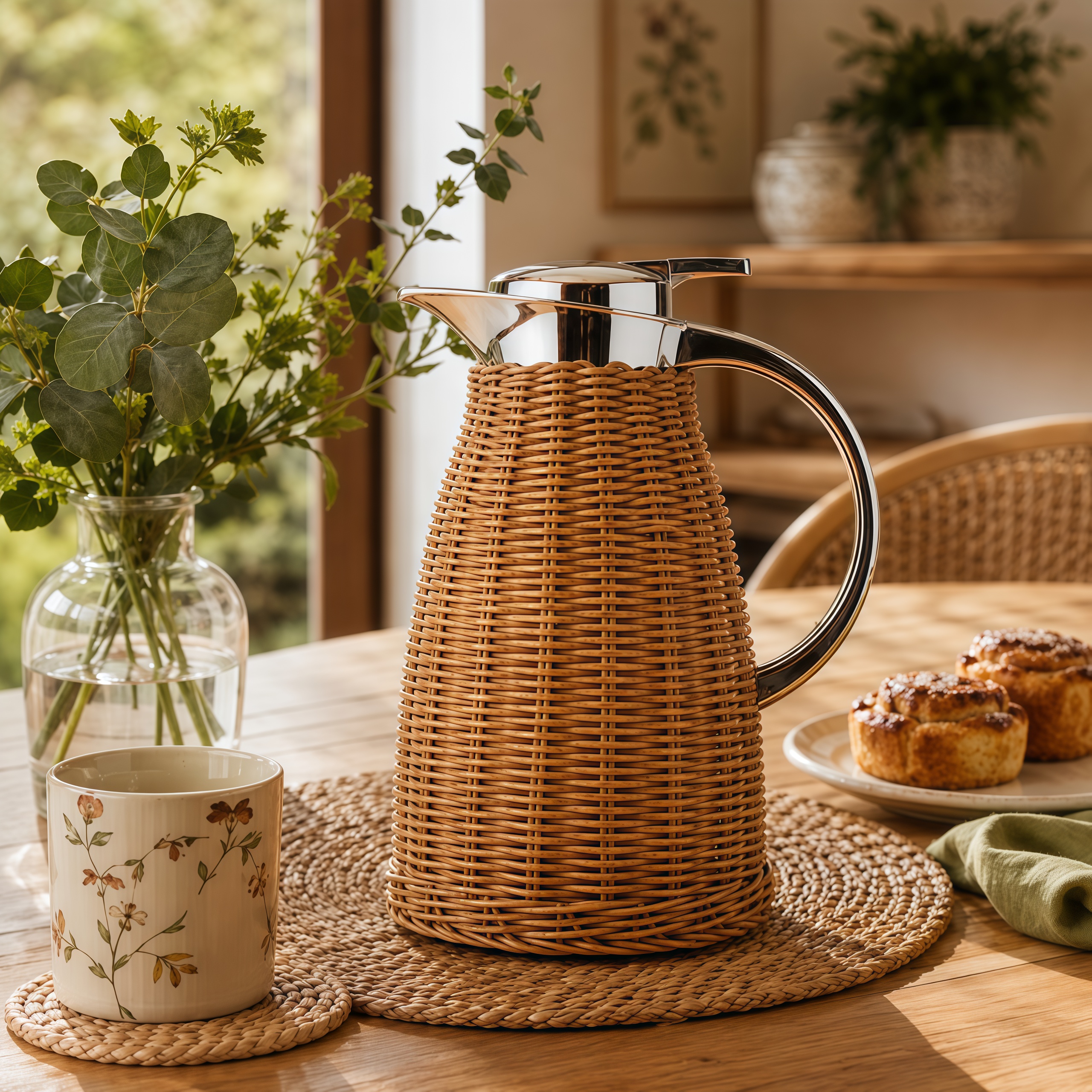 Garrafa Térmica 1,5L de Aço Inox com Rattan Marrom ou Bege para Café Chá com Alça