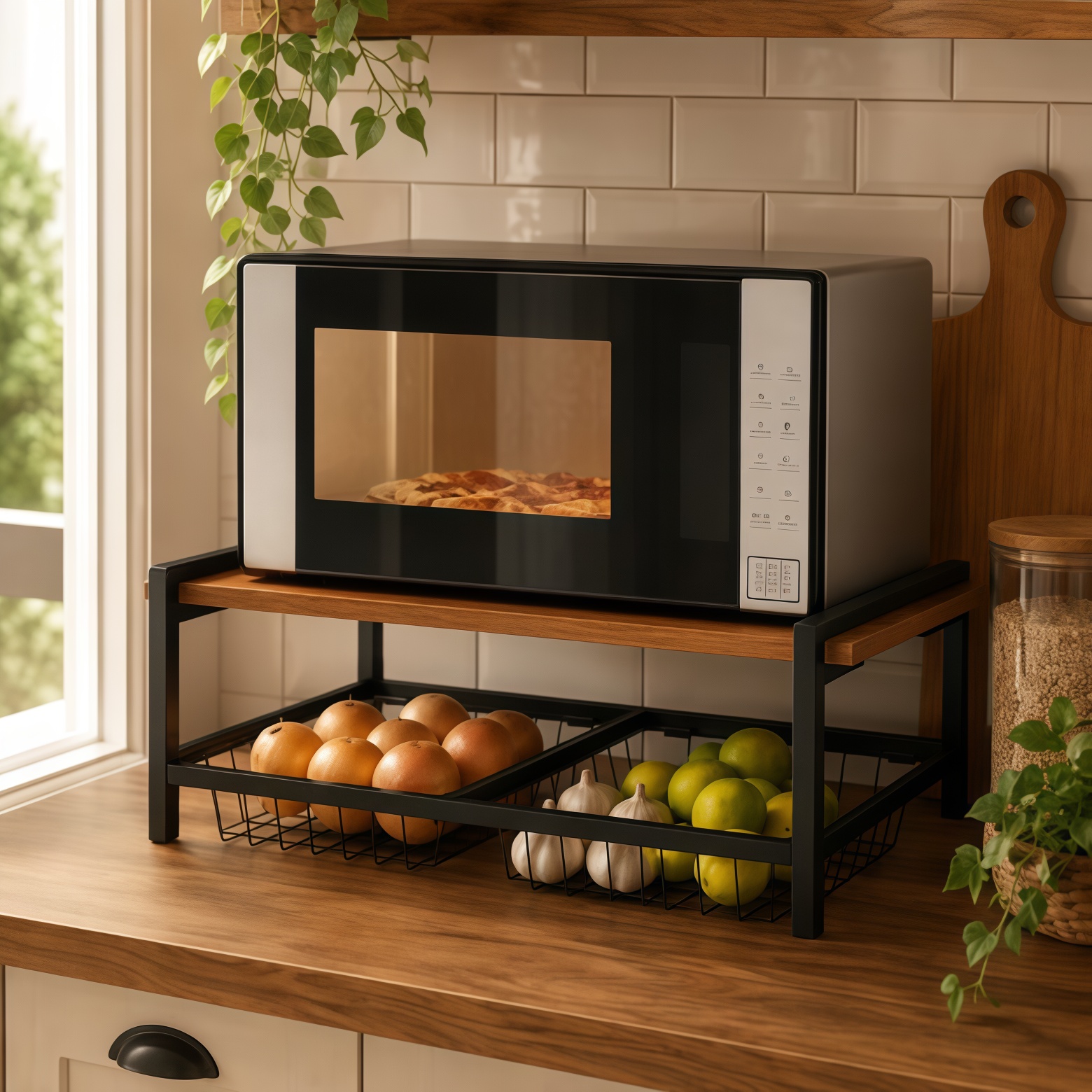 Fruteira Suspensa de Parede 2 Cestos Aço Preto Industrial Suporte Micro-ondas Organizador Cozinha