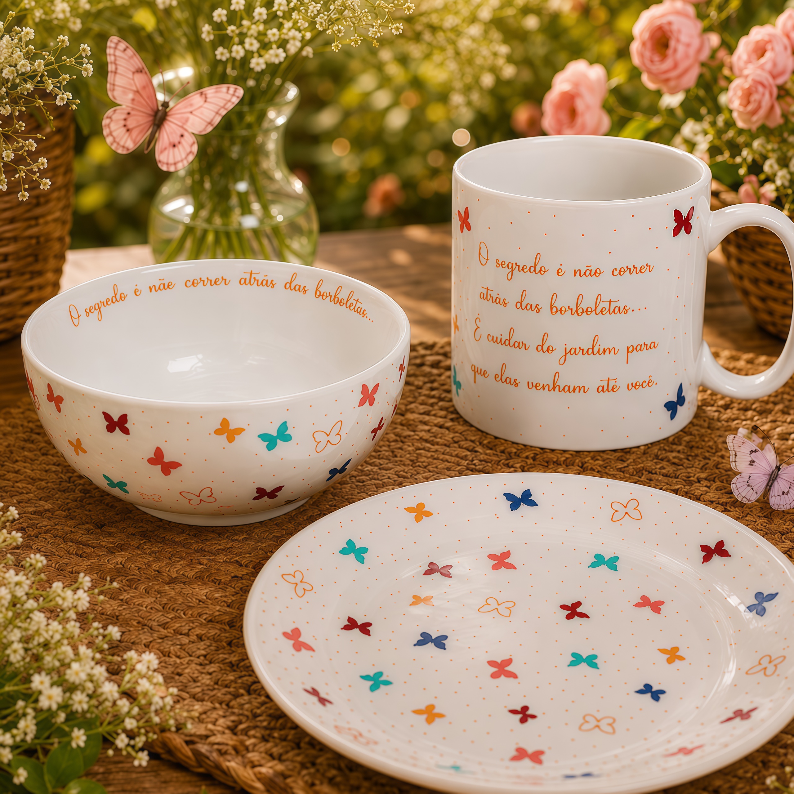 Kit Caneca, Tigela e Pratinho em Porcelana Borboleta
