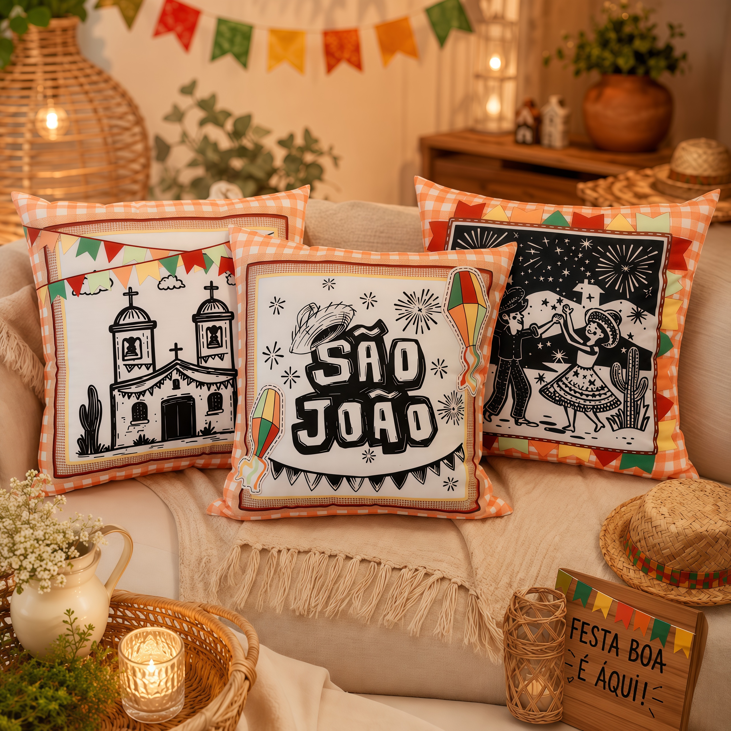Capas de Almofada Arraiá São João Aveludada 43x43cm - Trio Cordel