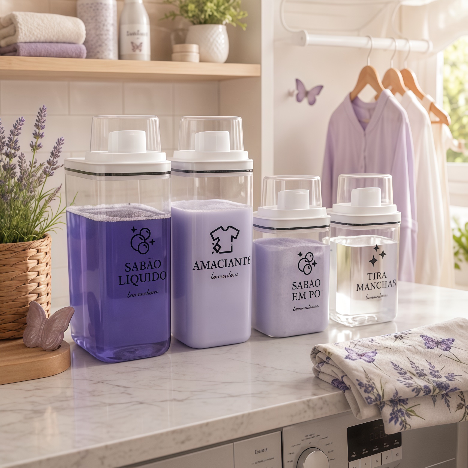 Kit Dispensers Lavanderia: 2 unidade de 1,5L e 2 unidade 2,3L - Amaciante, Sabão em Pó, Sabão Líquido, Tira Manchas