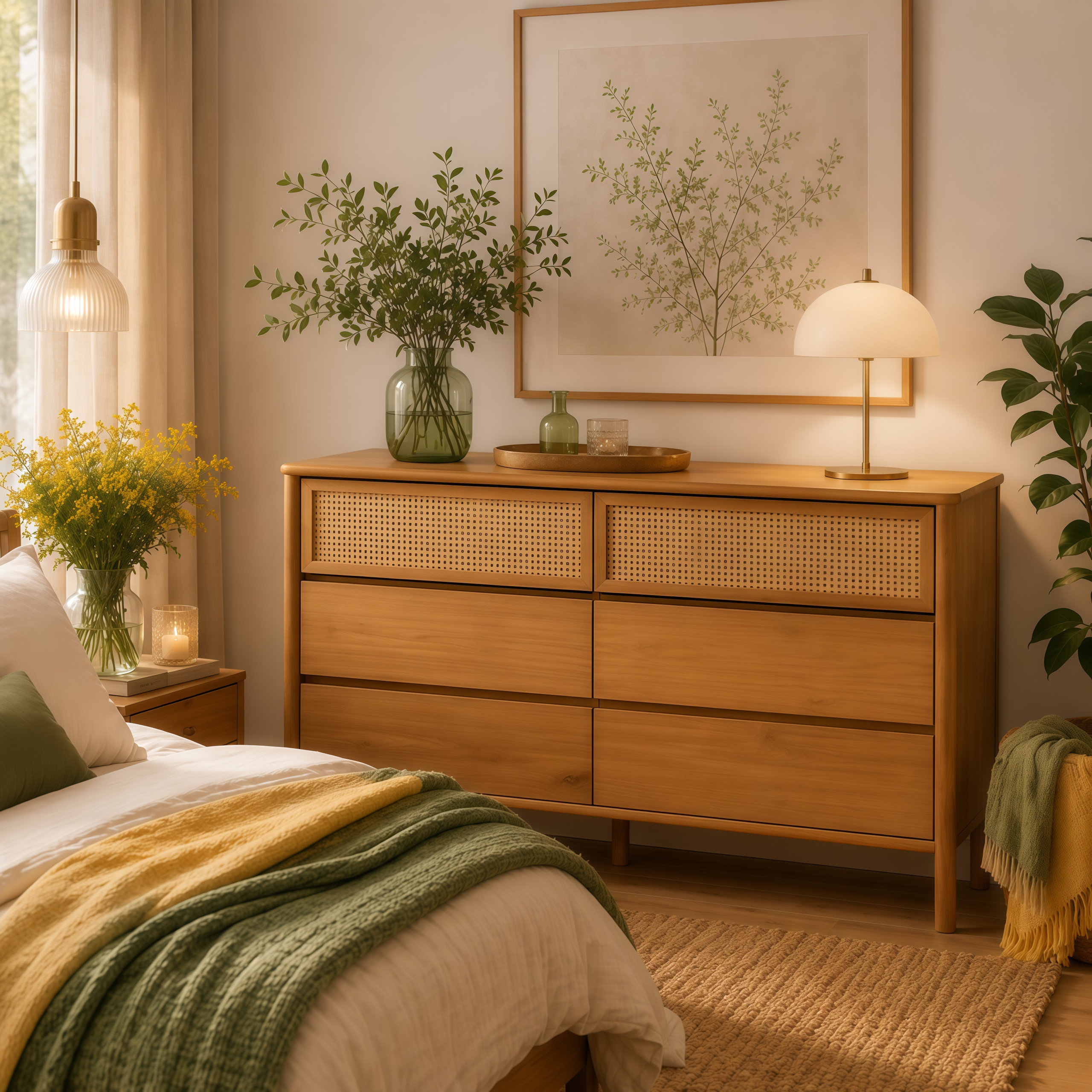 Cômoda 6 Gavetas Madeira Maciça/Pinus Rattan com Pés Elevados