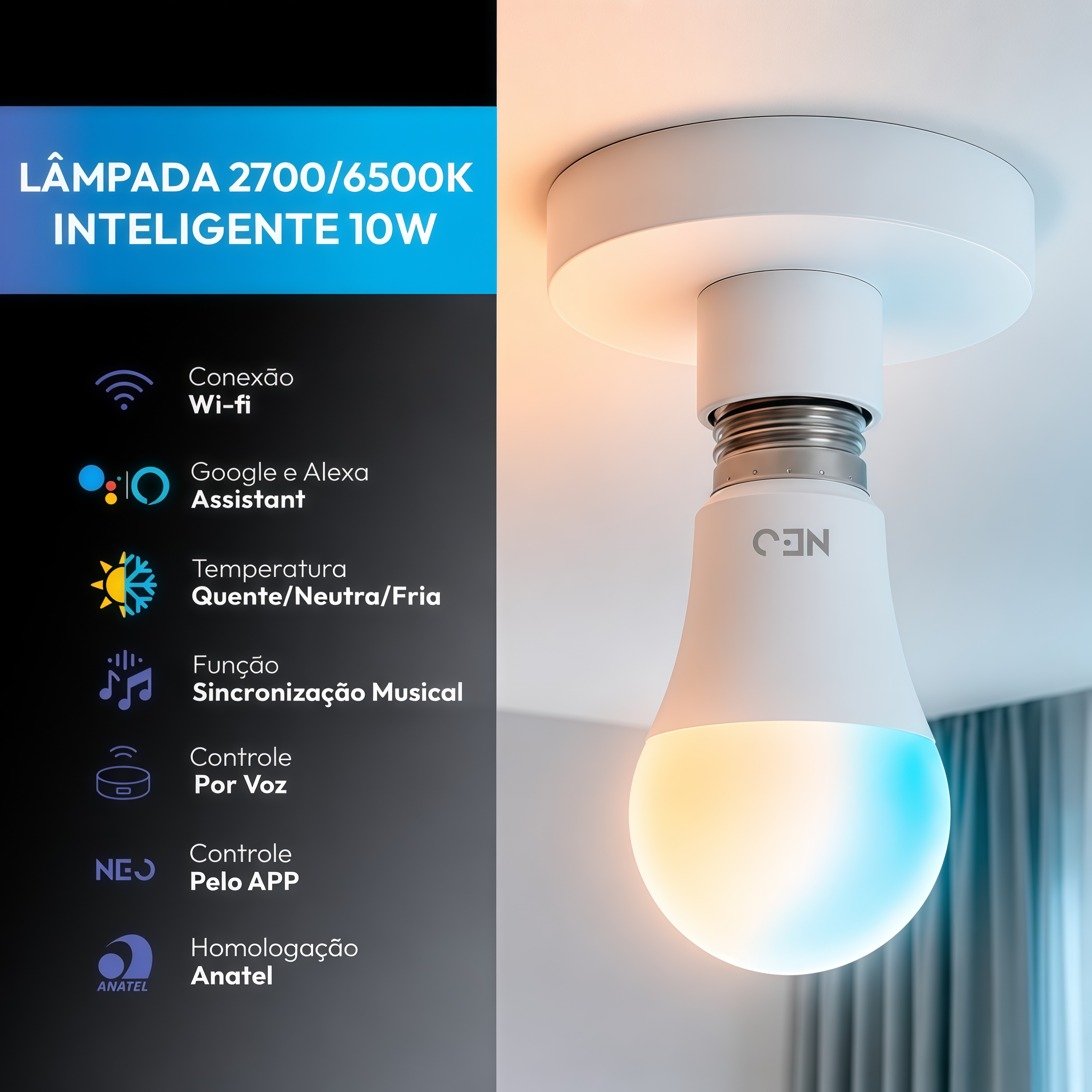 Lampada Led Pera Smart Inteligente Wi Fi 10w 2700K/6500K Branco Quente/Neutro/Frio E27 110v/220v Cod:290018079 Neo Avant