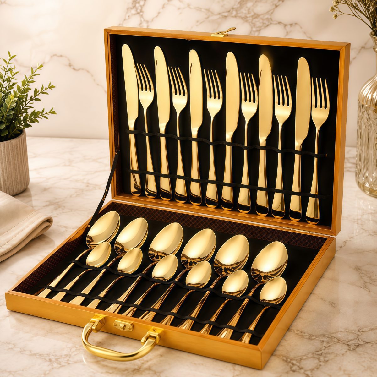Jogo Talheres 24 Peças Faqueiro Dourado Aço Inox Premium Luxo na cozinha Com Maleta