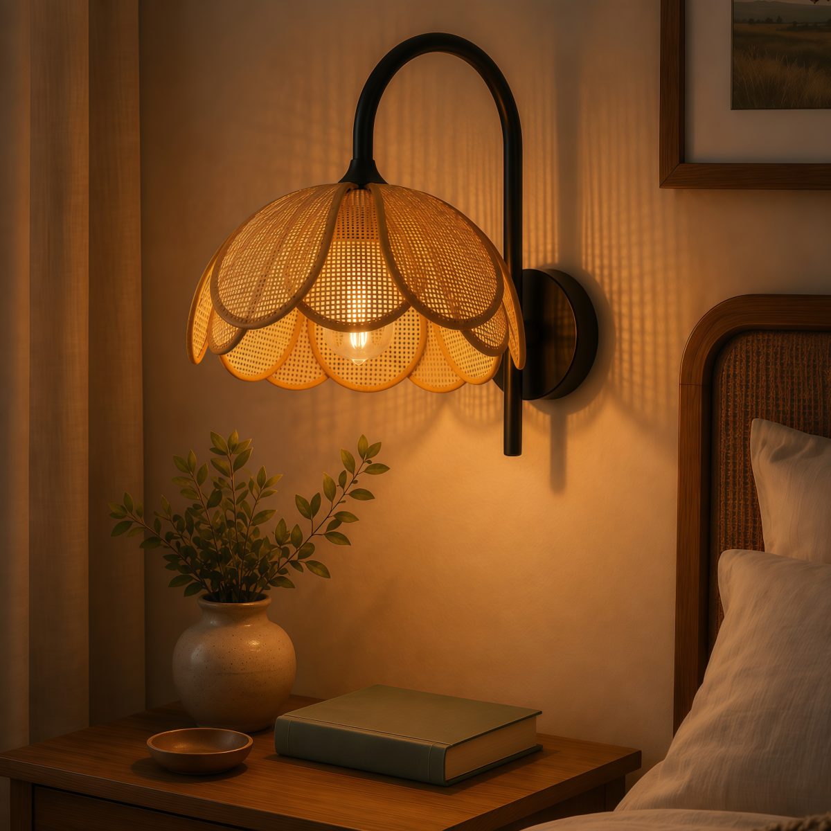 Arandela de parede Boho de rattan, luminária de parede tecida à mão com fio, abajur de vime de 30 cm