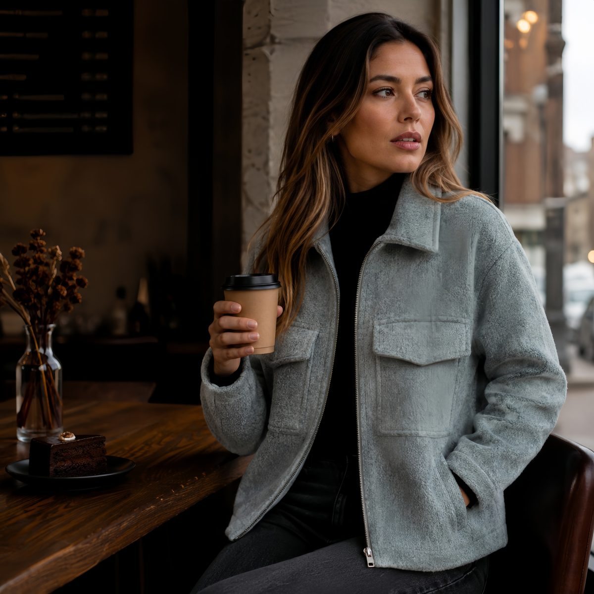 Casual Jaqueta Feminina Bolsos Lisos Zíper