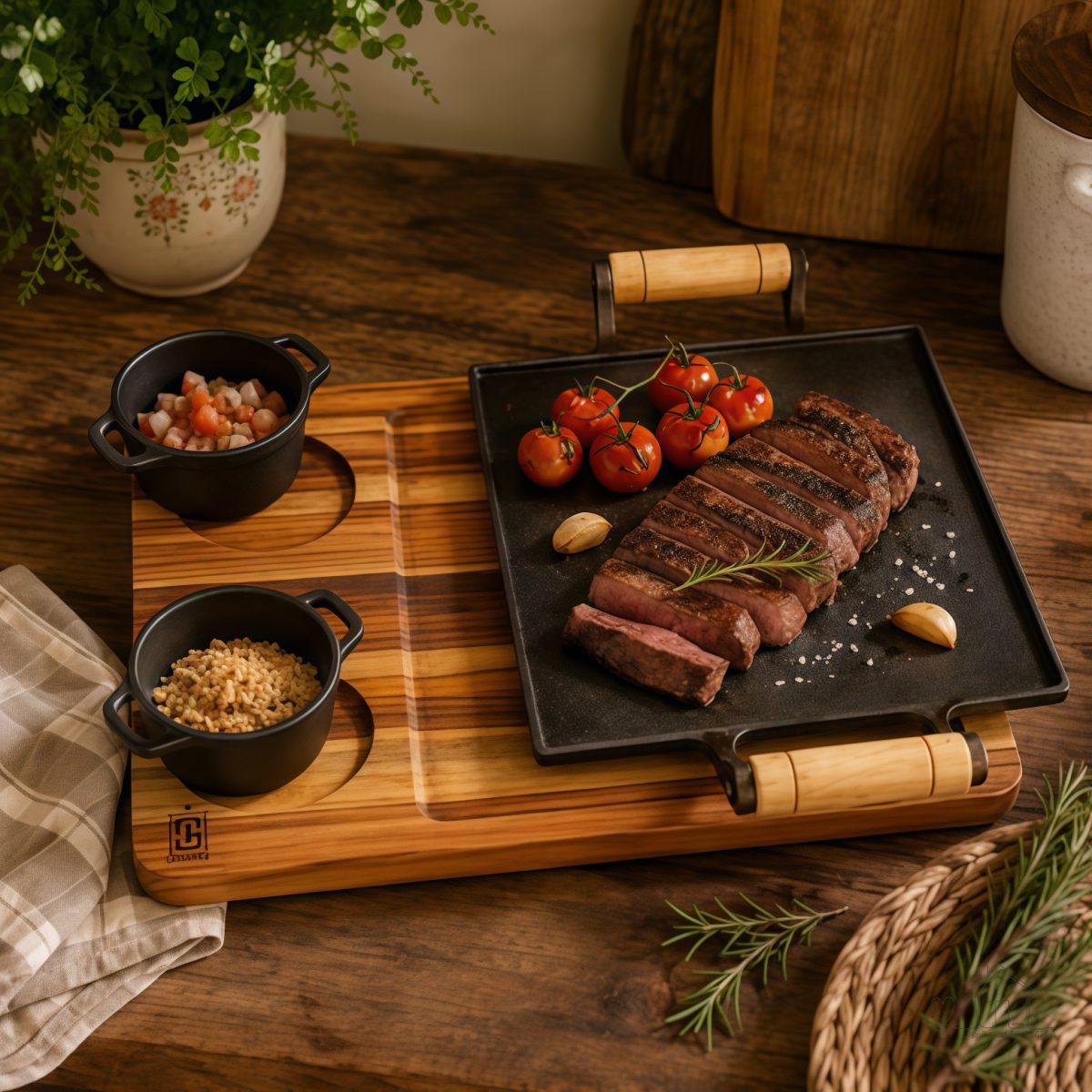 Kit Tábua Churrasco Com Chapa Ferro Molheira Cumbuca Porção