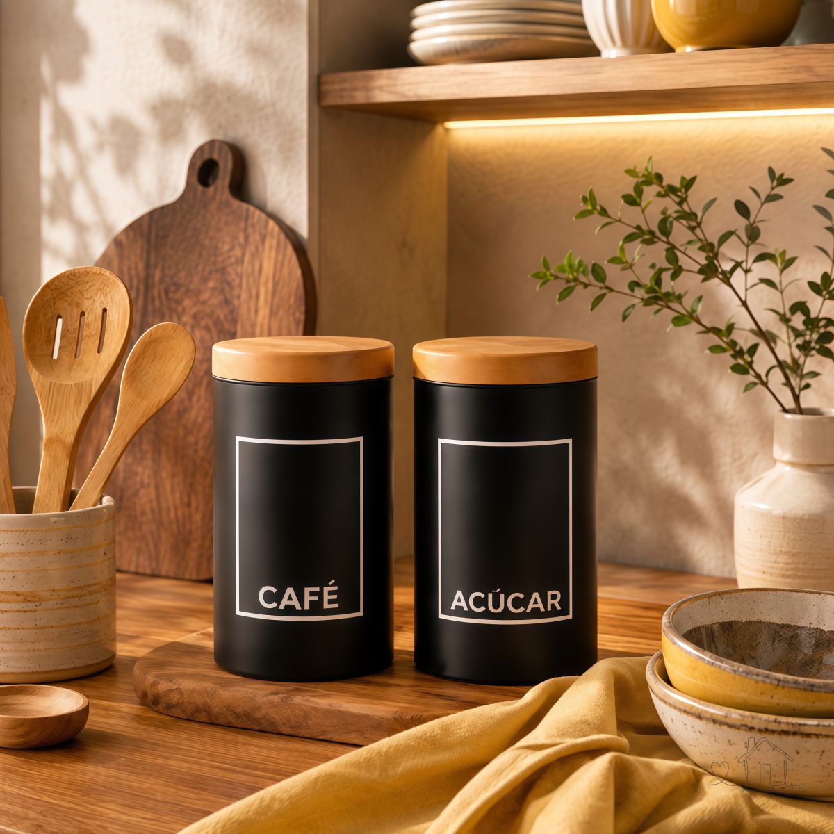 Potes Herméticos - Café e Açúcar Preto com Tampa Efeito Bambu