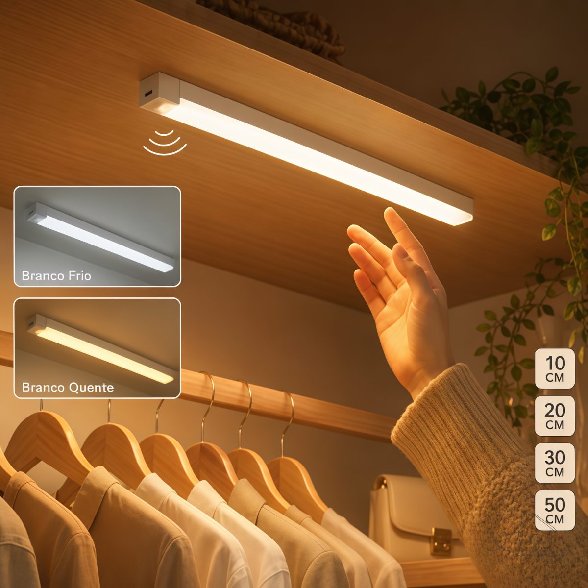Luminária Inteligente Ultra LED com sensor de movimento sem fio e Recarregável USB fino barra 10 cm - Branco quente