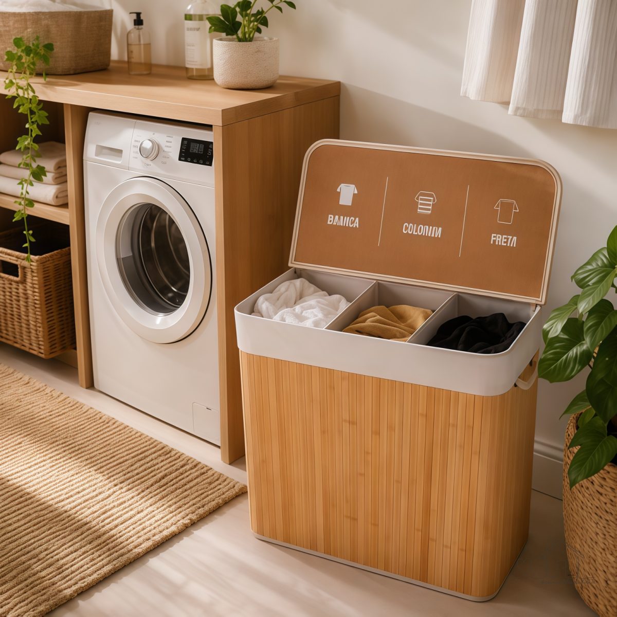 Cesto de Roupas com Divisória Roupeiro Bambu  - Triplo com Tampa 140L