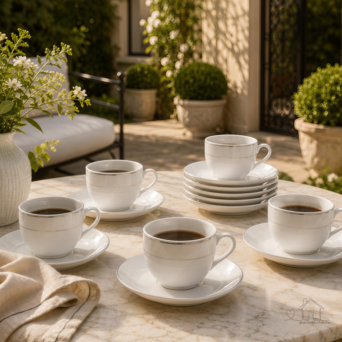 Conjunto com 6 Xícaras de Porcelana, Borda Prata Mônaco Branco 220ml Wolff