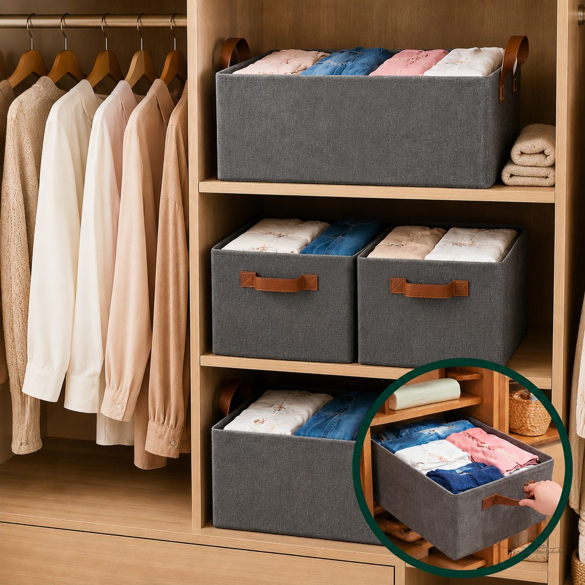 Kit 4 Caixas Cesto Organizadora Grande Dobrável Guarda Roupa Gaveta Mesas Banheiro Cor Cinza