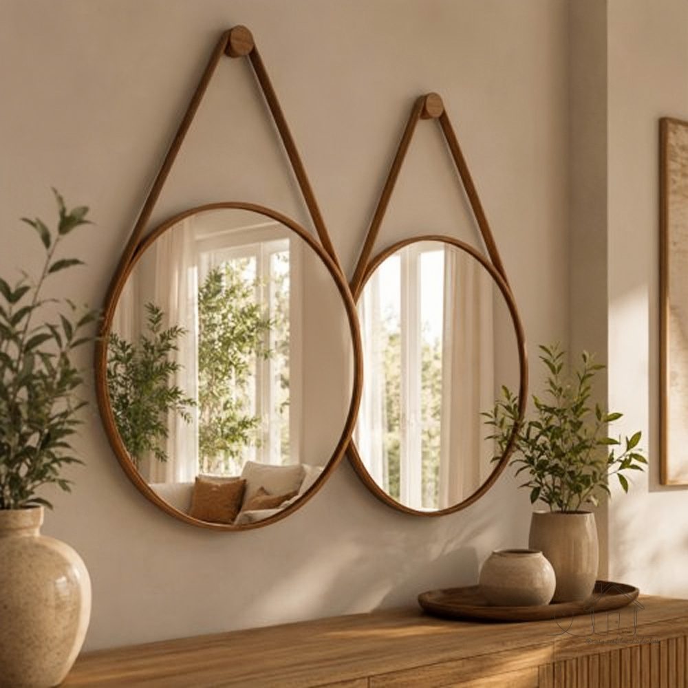 Kit 2 Espelhos Redondos Adnet Moderno Lavabo Quarto Sala Banheiro Alça Em Couro 60cm C/ Pino Suporte