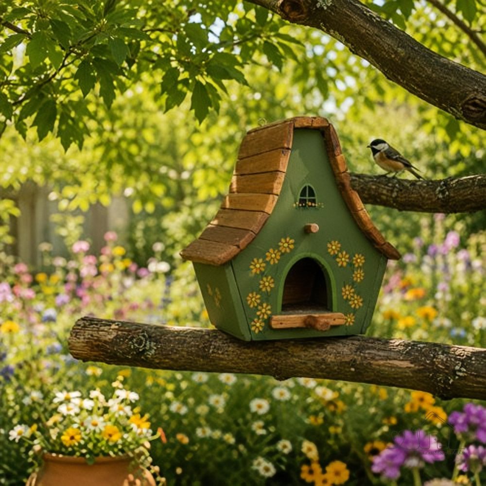 Casinha para Pássaros de Madeira Artesanal 25x20x15cm – Parede/Jardim – Cores Vibrantes