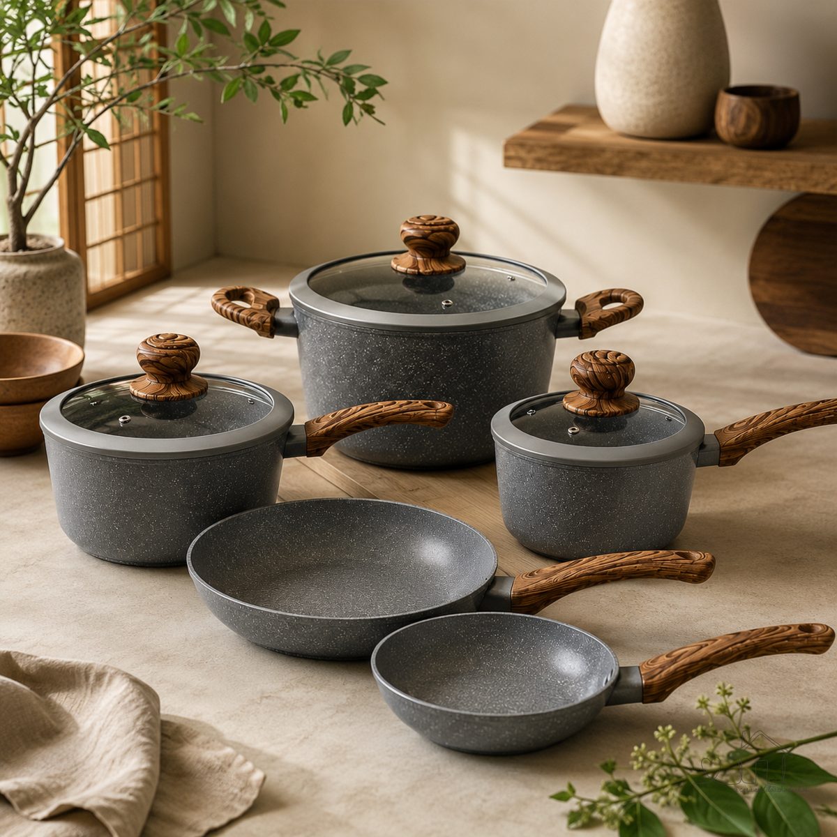 Conjunto de Panelas 5 Peças Indução Gás Cabo Soft Touch Tampa de Vidro com Borracha de Vedação