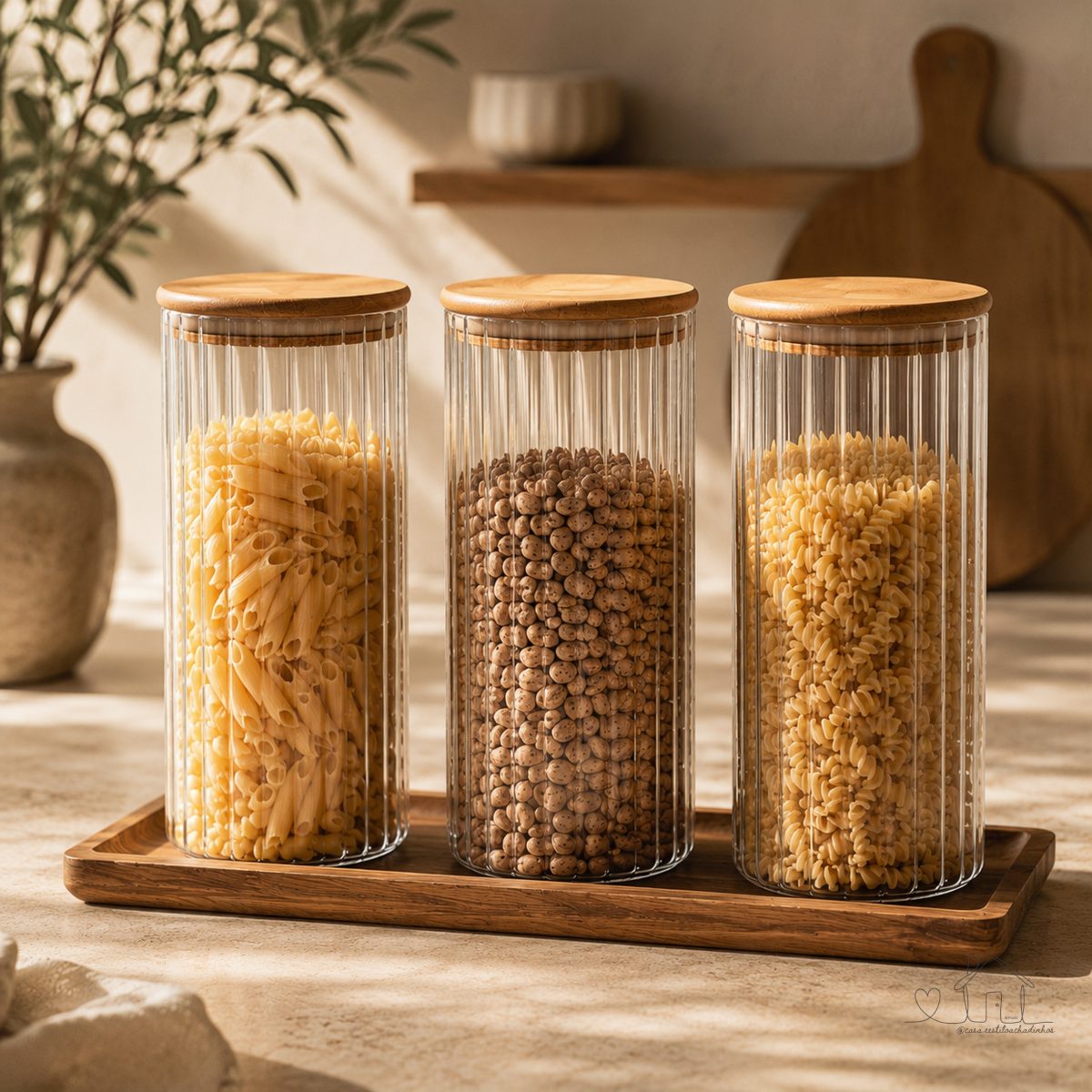 Jogo de 3 Potes Porta mantimento canelado em vidro borossilicato com tampa em bambu 1,5L D10xA22,5cm