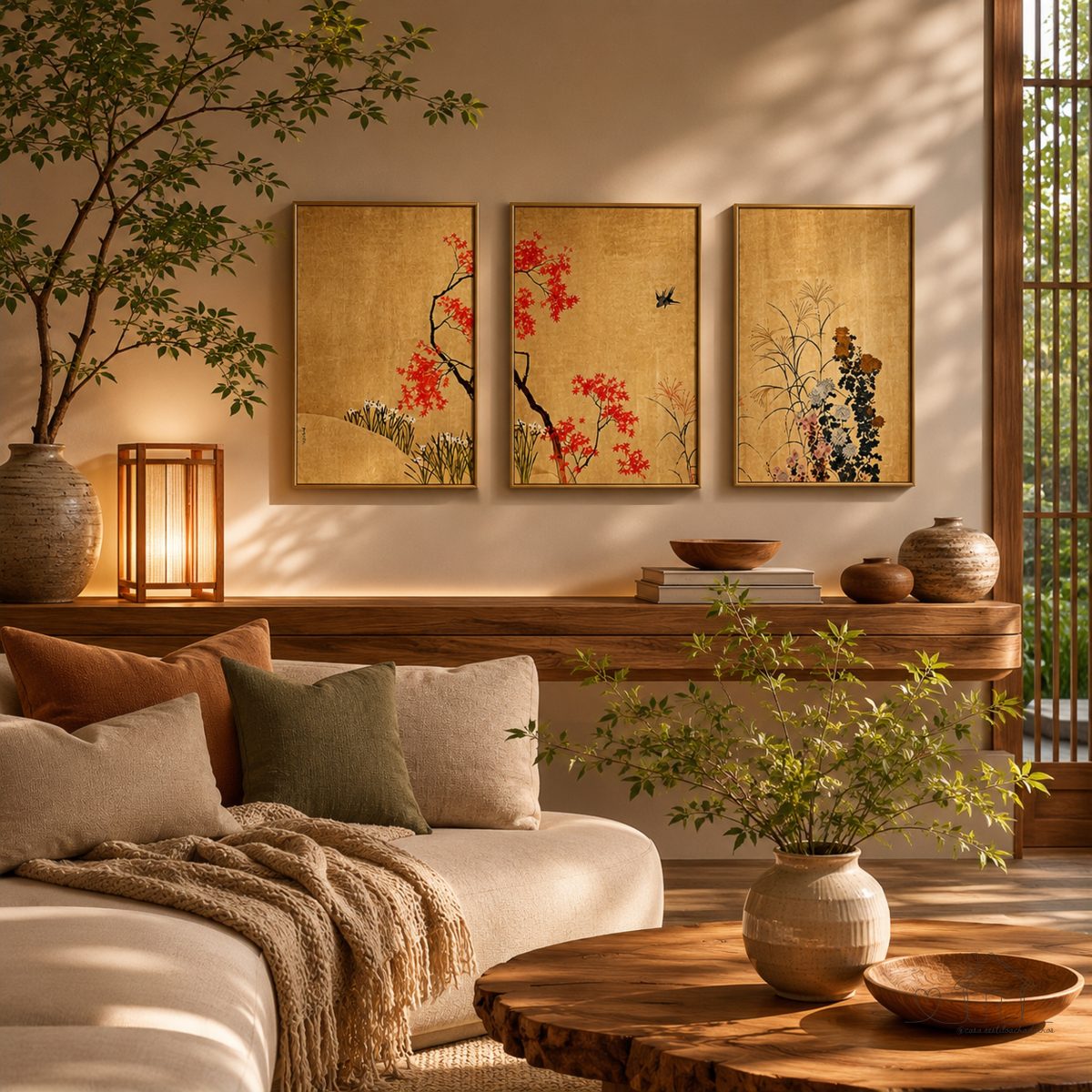 Quadros decorativos arte oriental paisagem japonesa flor pássaro estilo clássico elegante (3 peças)