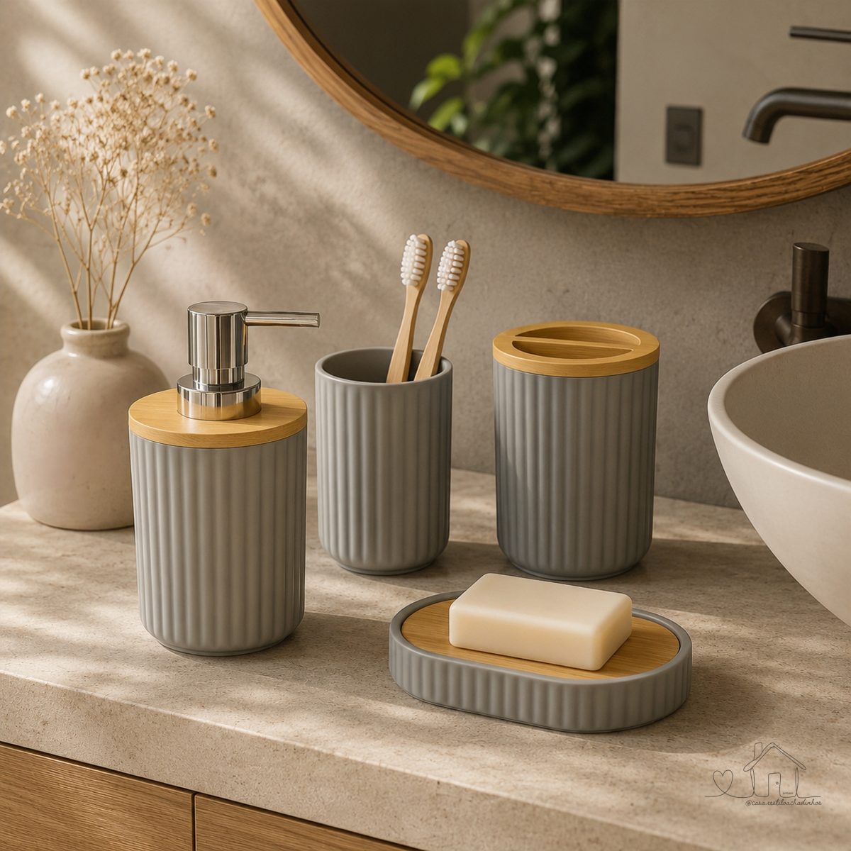 Kit Banheiro Bambu 4 Peças Cinza Premium Luxo Banheiro Lavab