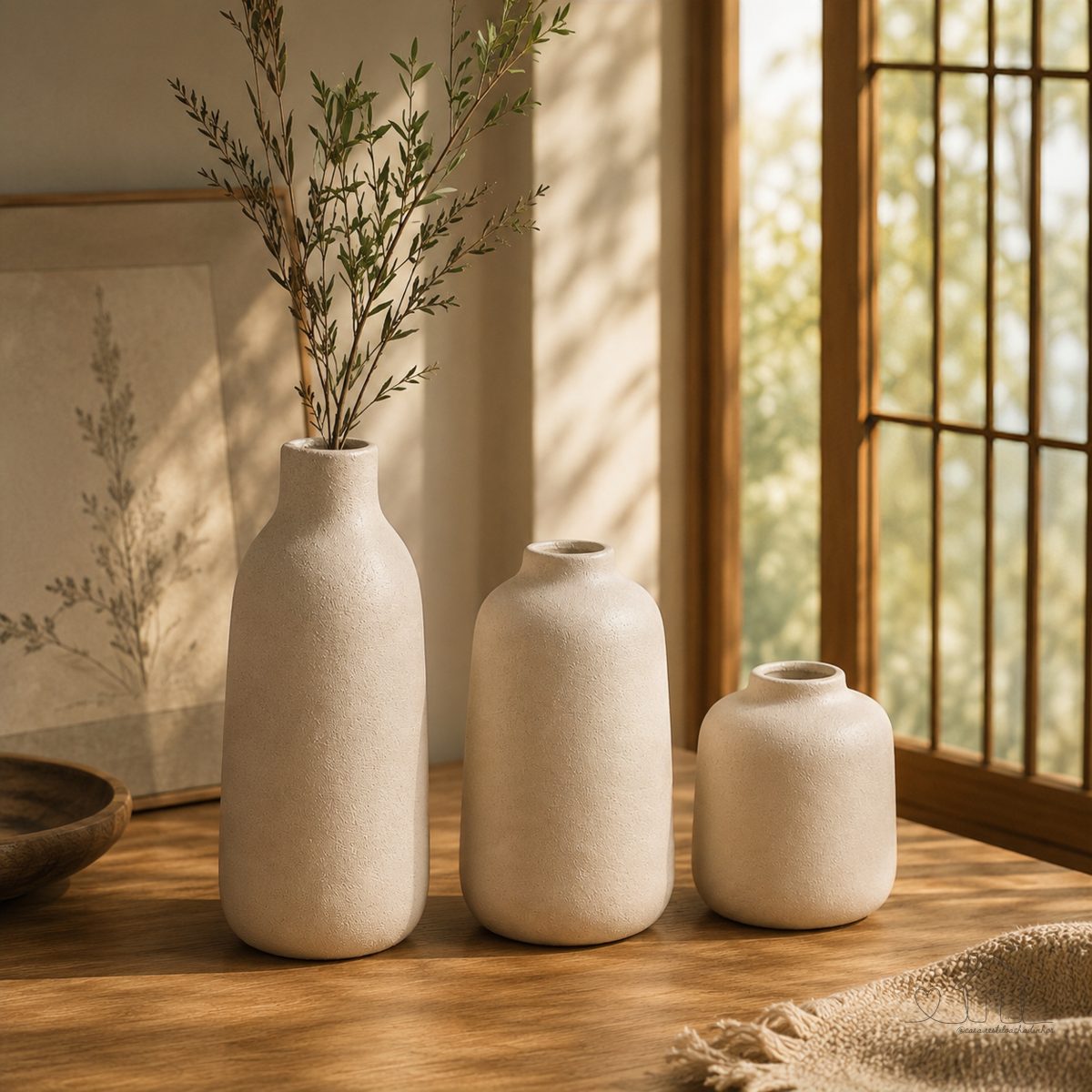Trio de Vasos Decorativos Cerâmica Potiche Minimalista Orgânico com Textura Fosca OFF e Madagascar
