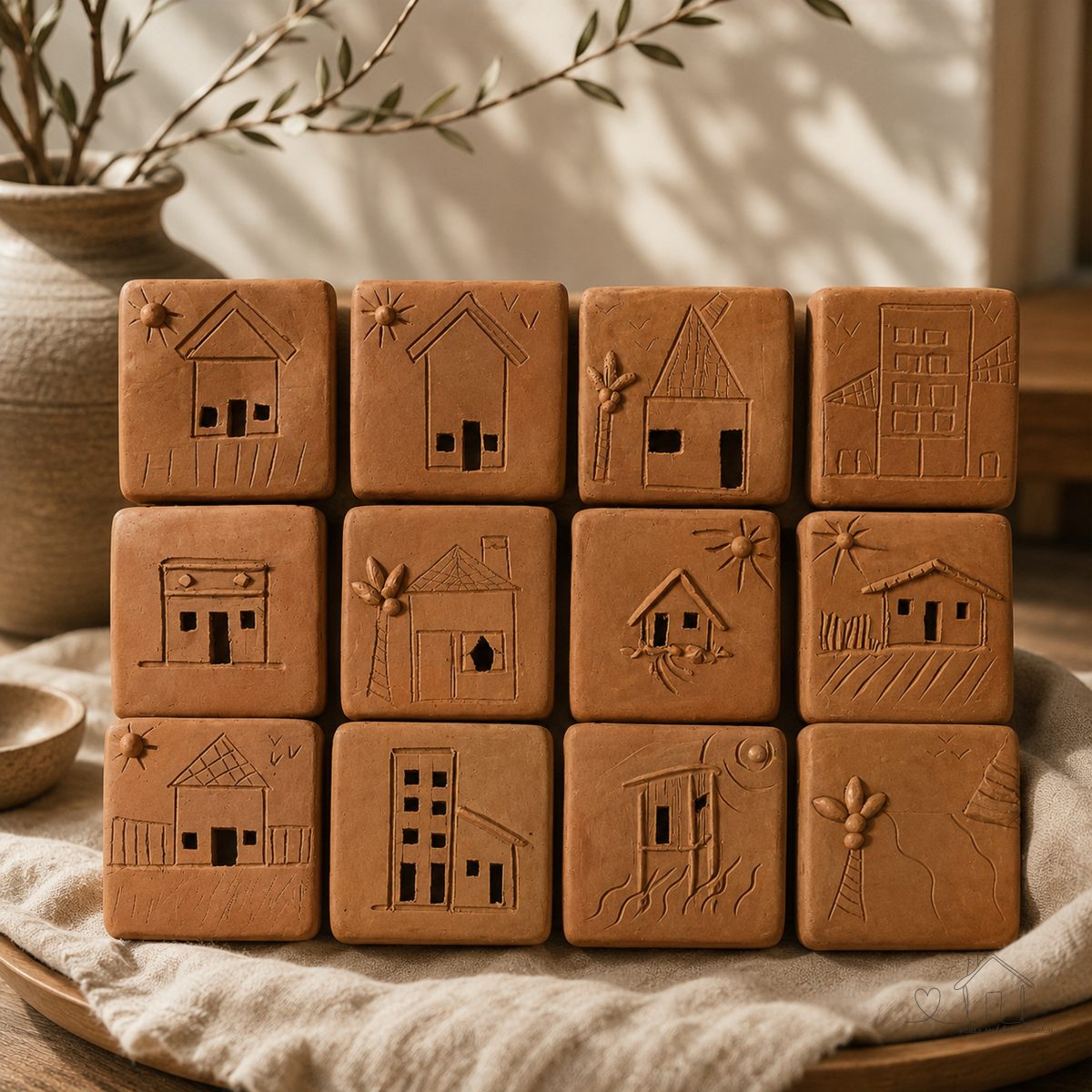 kit de 6 quadros decorativos com tema de casinhas em cerâmica terracota