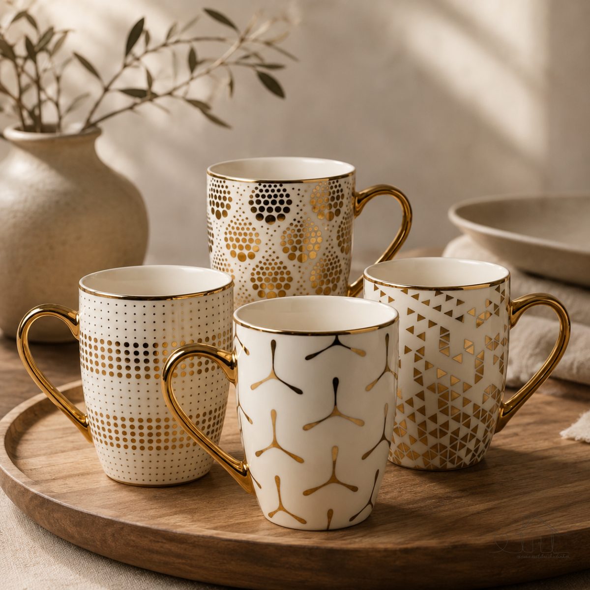 kit com 4 canecas com estampas geométrica - 350ml, c/ alça dourada