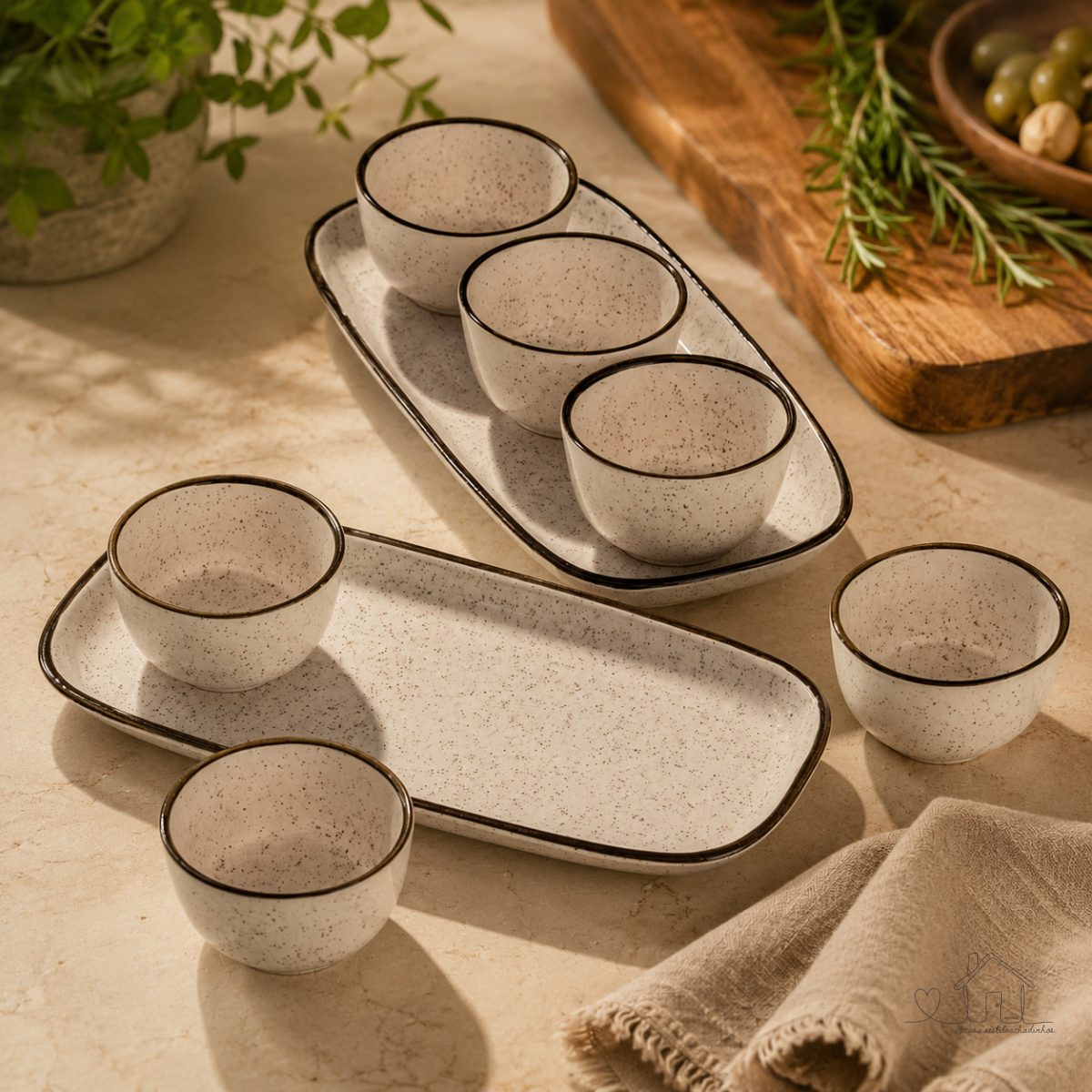 Jogo de Petisqueira 3 Bowls com Bandeja em Cerâmica Retangular Para Servir Domus Brisa Oxford