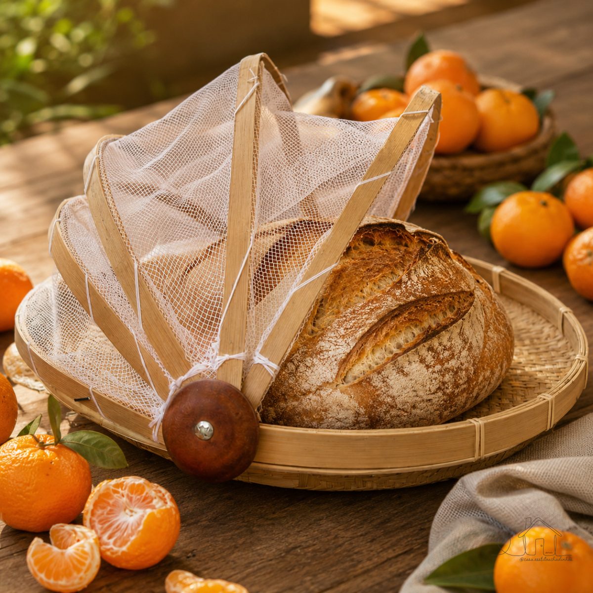 Cesto para Pães e Bolo com Protetor de Moscas Retrátil 30 x 30 cm de Bambu