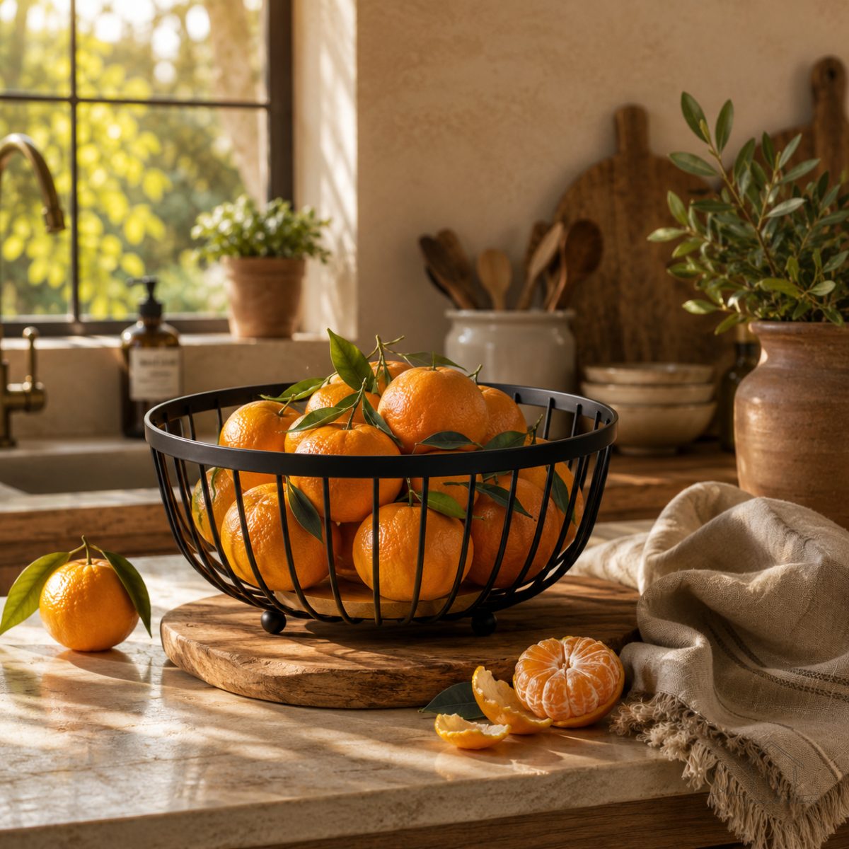 Fruteira de Mesa ou Bancada Rustica de Ferro e Bambu Preto