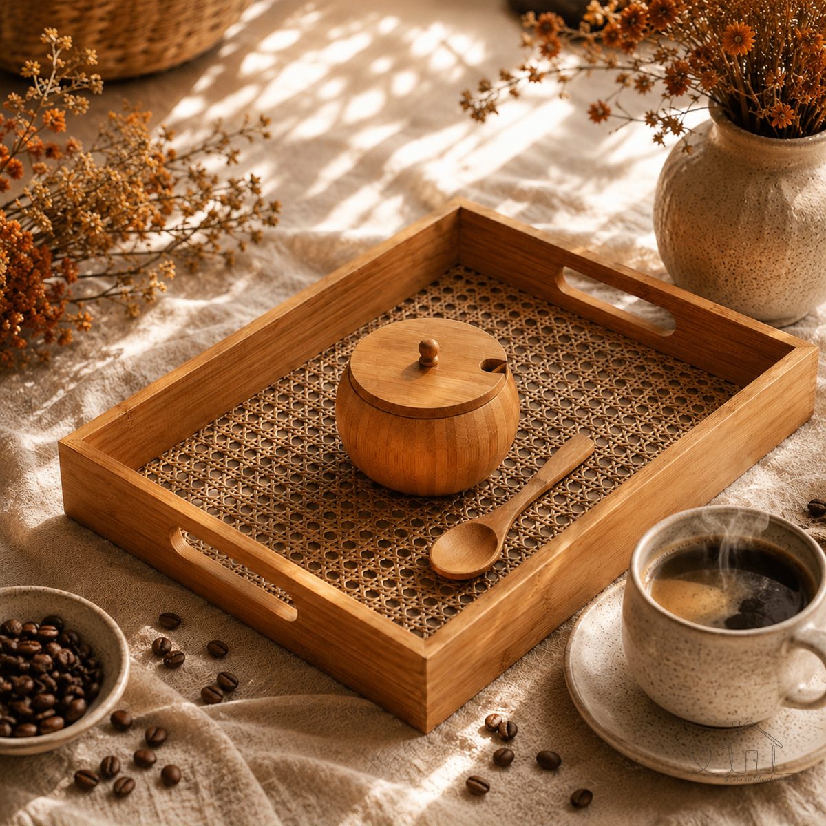 Kit Bandeja Bambu e Acrílico + Açucareiro com Colher Bambu Natural Mesa Posta Decoração Café Manhã
