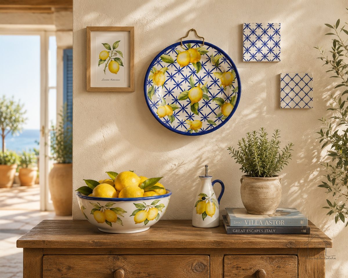 Prato Decorativo Cerâmica 20cm com Suporte Limão Siciliano Mesa Sala Aparador Decoração Clássica