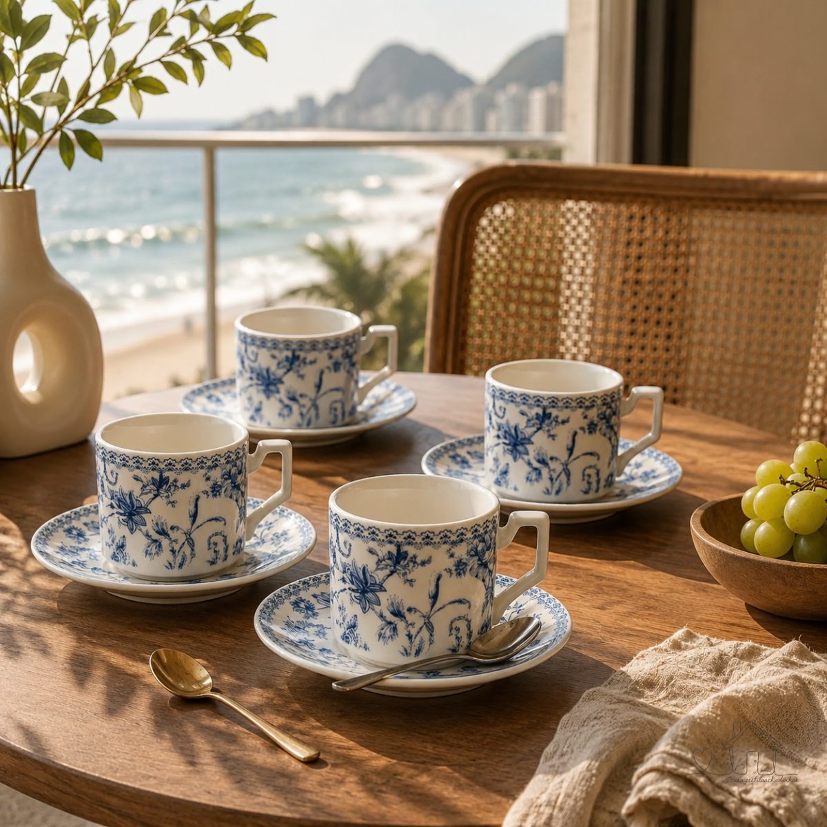 Jogo 4 Xícaras de Chá com Pires Porcelana New Bone Azul Hortênsia 90ml Luxo Mesa Posta Elegante
