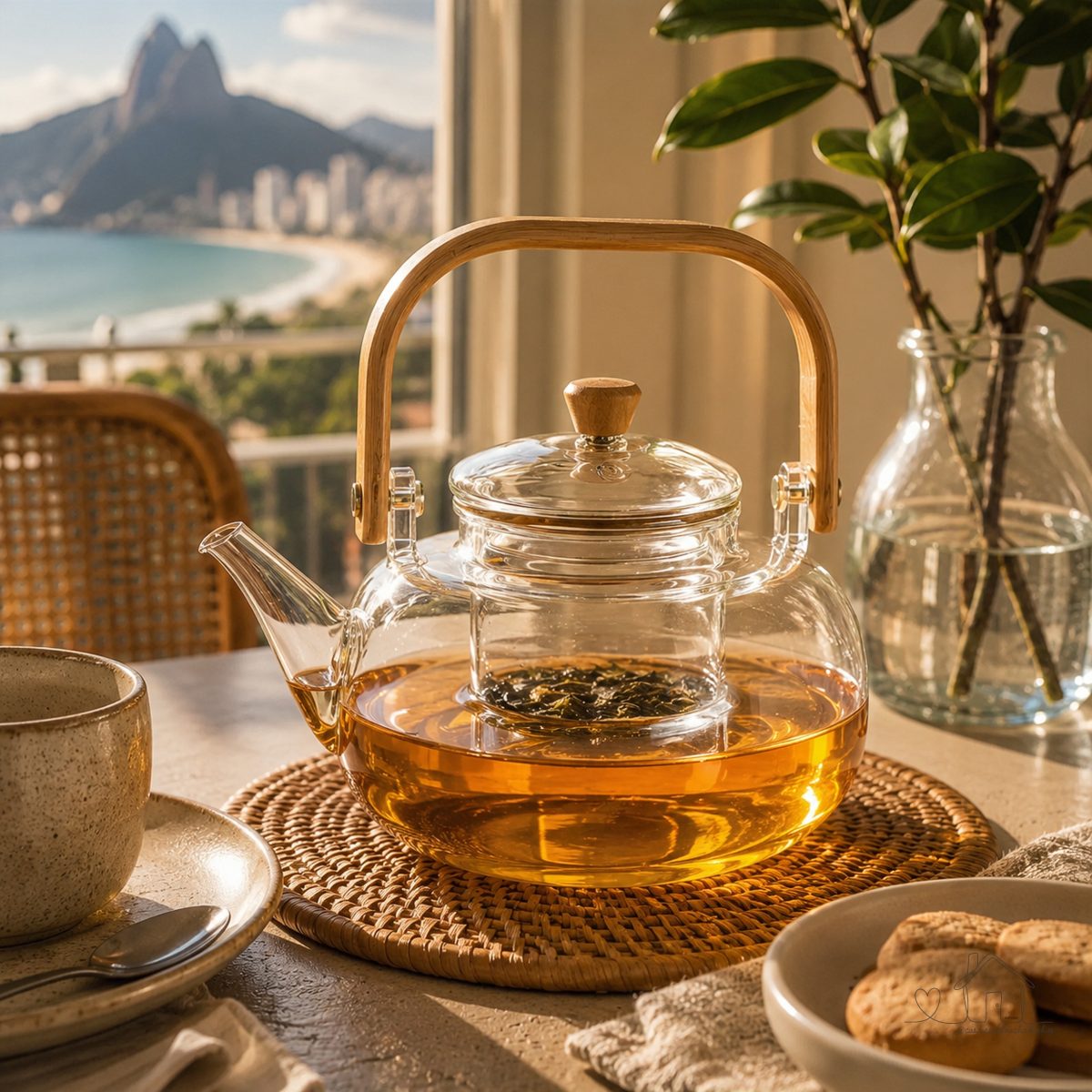 Chaleira Vidro Borossilicato com Alça de Bambu 1000ml