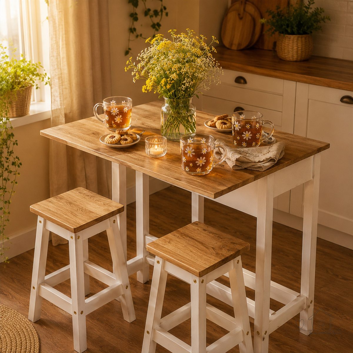Mesa Dobrável e 2 Banquetas de Madeira c/ Branco
