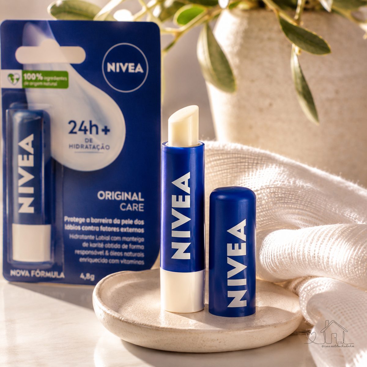 Hidratante Labial NIVEA Original Care, Manteiga de Karité | Hidratação Intensa 24h, Protege contra Ressecamento, Cuidado Diário, 4,8g