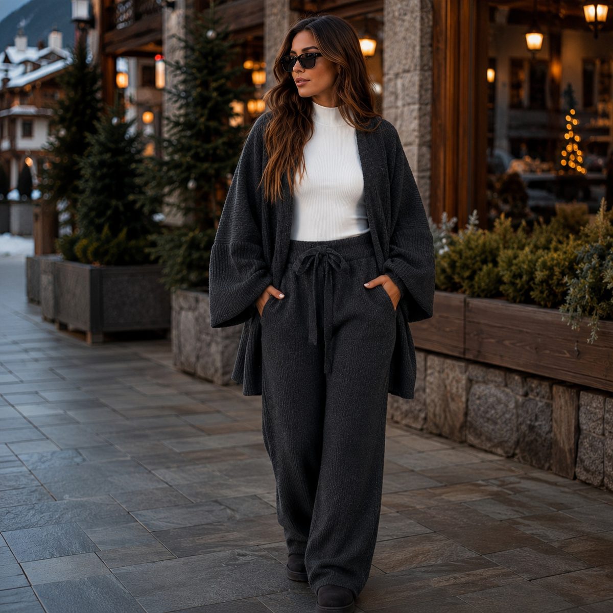 Conjunto Feminino de Tricot Mousse Premium Casaco Cardigan e Calça Com Amarração Tricô Fio Musse Moda Blogueira