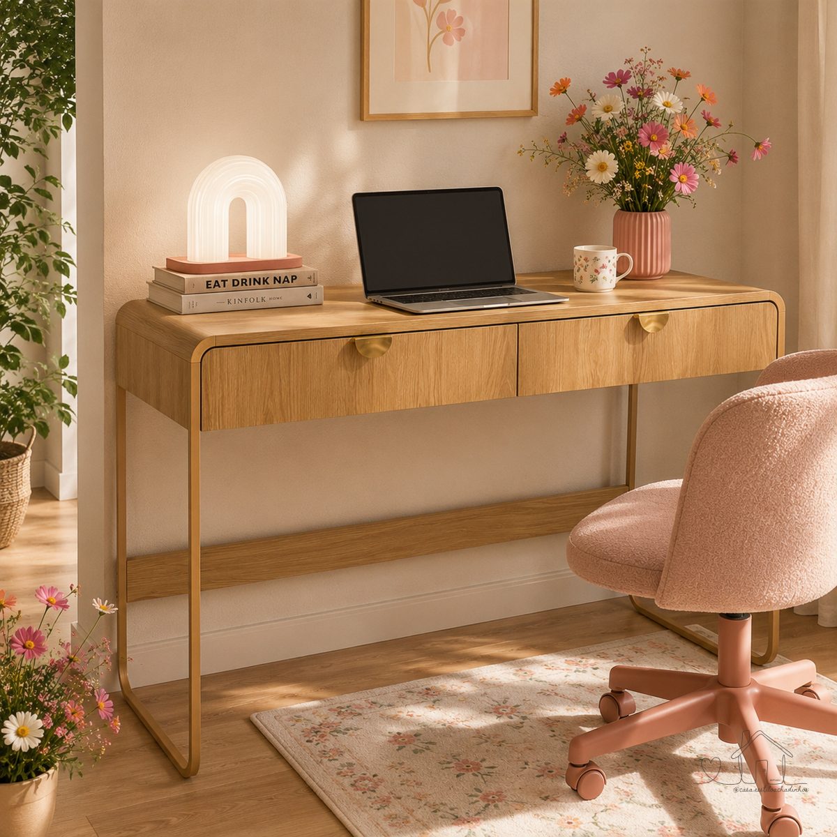 Escrivaninha Orgânica Pé Metal Luna 2 Gavetas 125cm Hanover e Dourado Bege Hanover/Dourado