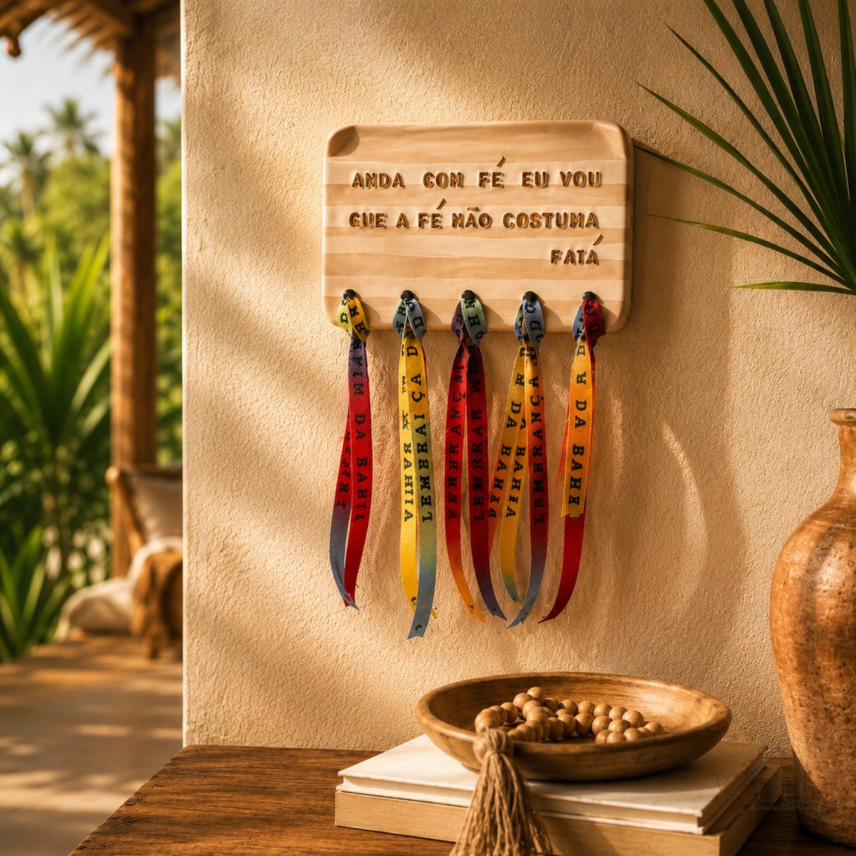 Placa decorativa Anda Com Fé com Fitas Do Bonfim-  Cerâmica