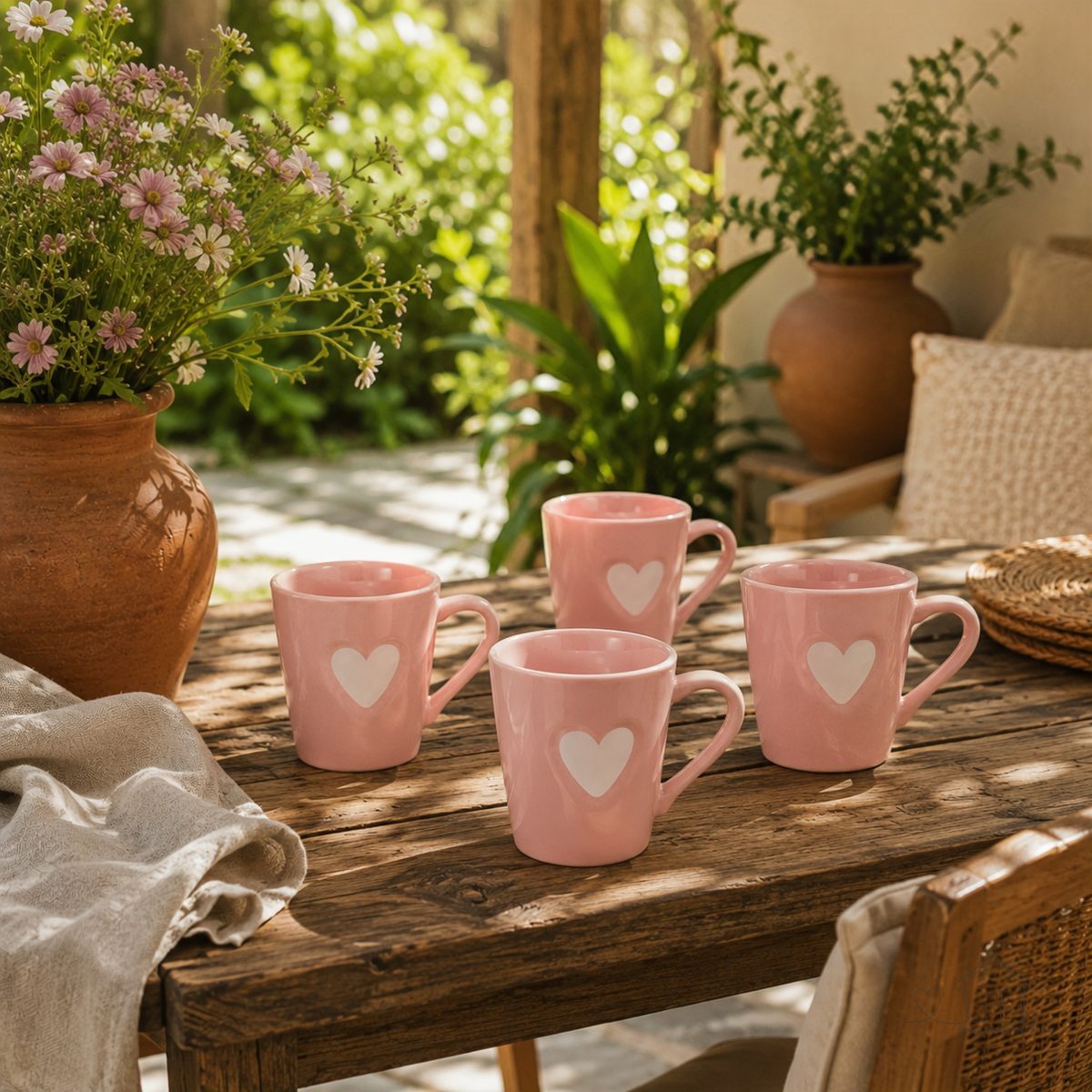 Kit 4 Xicaras Canecas Chá Café Porcelana 120 ml Rosa Coração