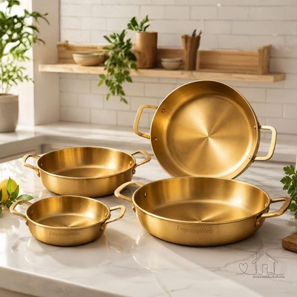 Bandeja Dourado de Aço Inox Travessa Tacho Multiuso Petisqueira Servir Mesa Posta Bandeja Panela