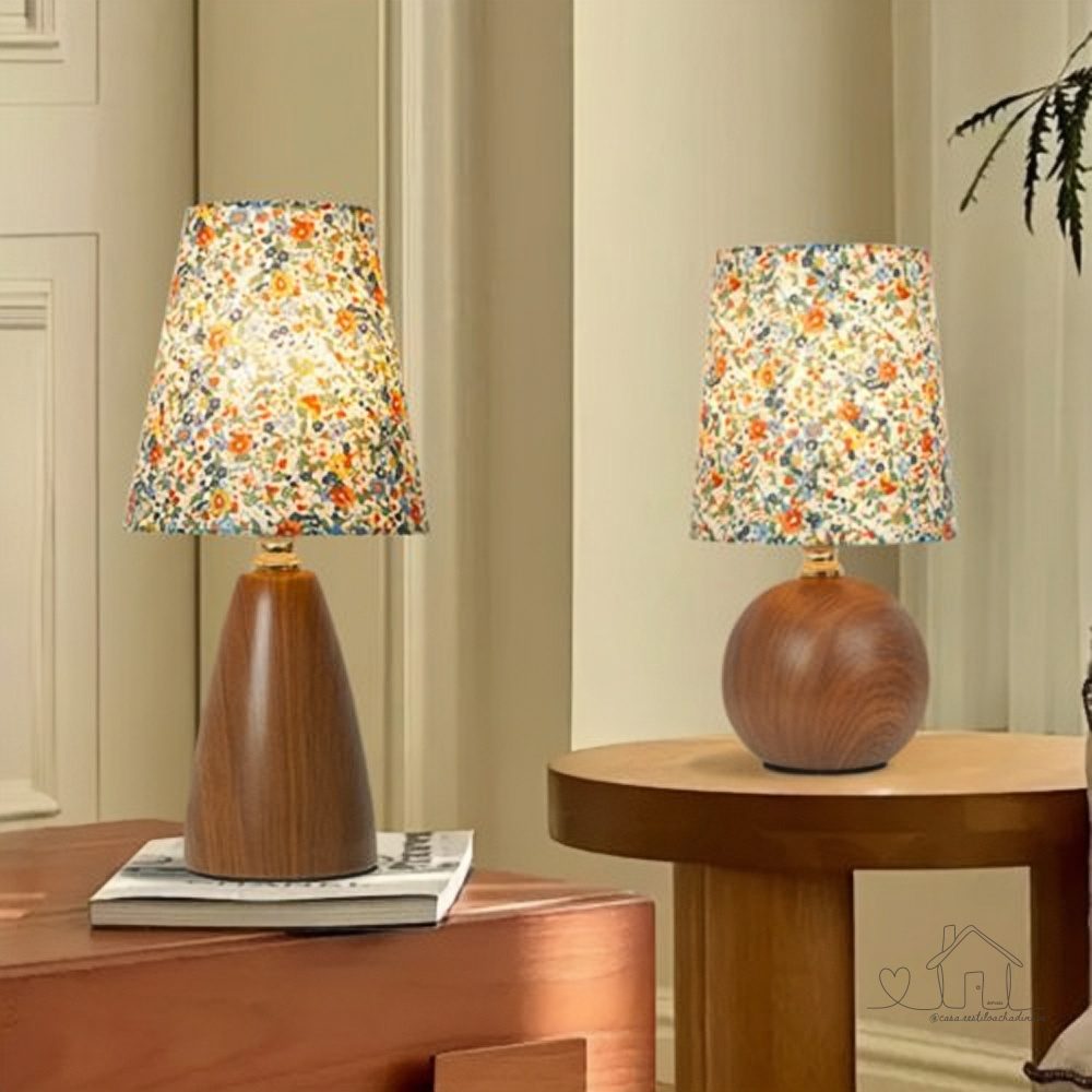 Abajur Luminária De Mesa Nogueira Floral Estilo Madeira Cabeceira Quarto Sala Estudo Leitura