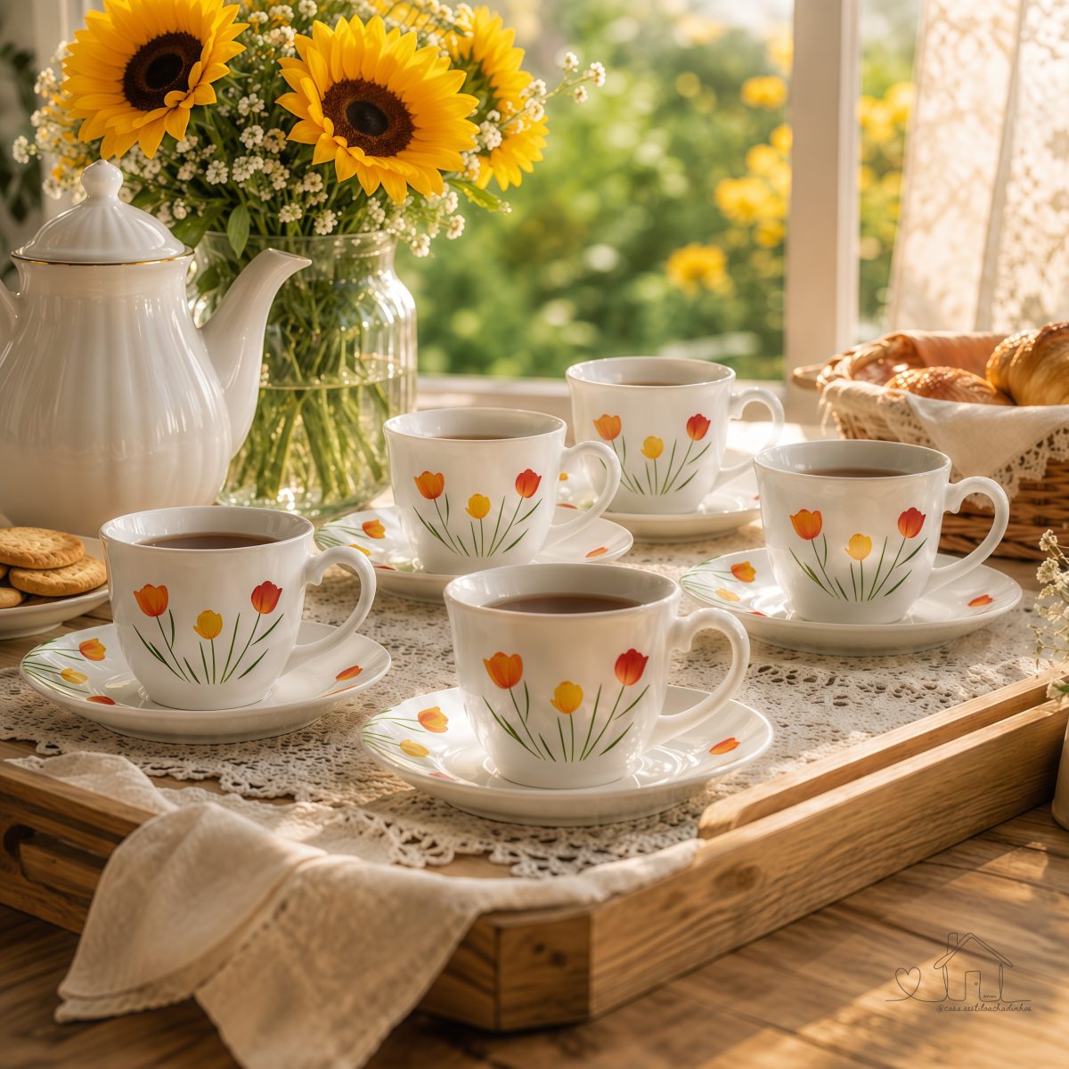 Jogo com 12 Peças, 6 Xícaras de Chá de Vidro com 6 Pires, Jardim de Tulipas para Café e Mesa Posta