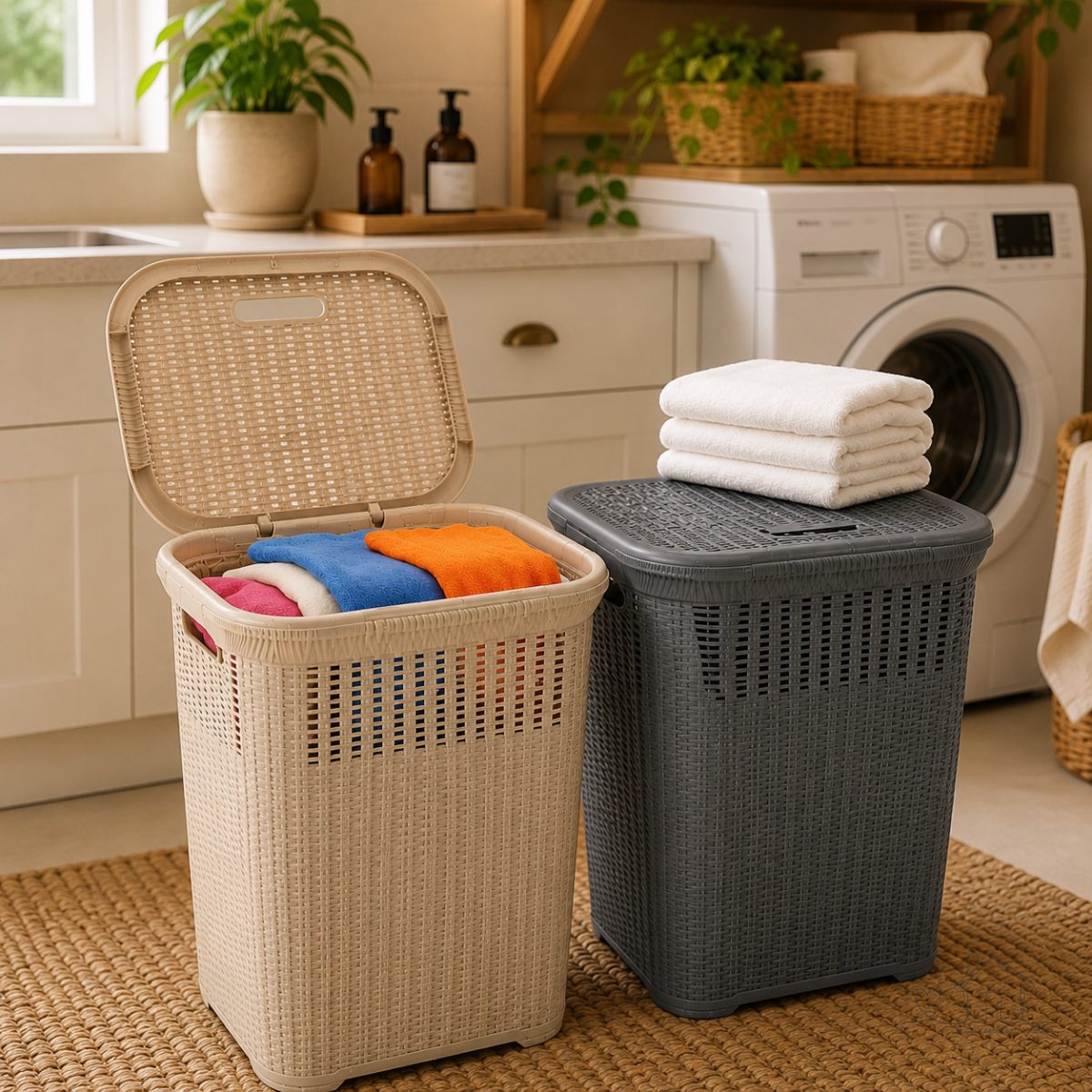 Cesto de Roupa Rattan 50L com Tampa Basculada Grande Lavanderia Premium