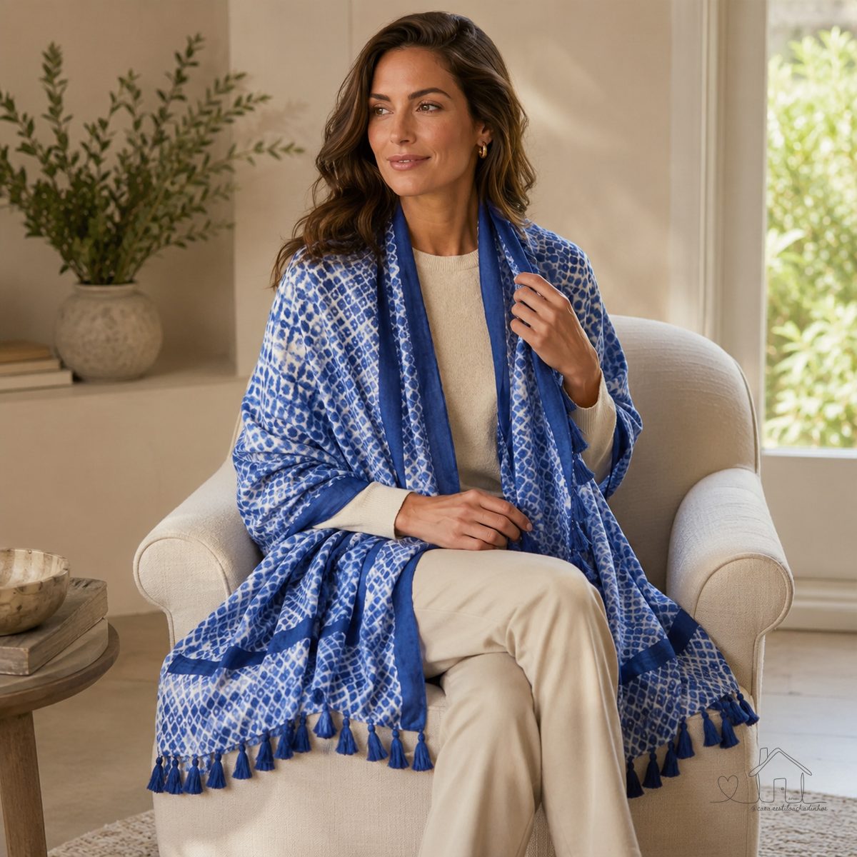 Cachecol Xale Feminino Xadrez Geométrico Azul