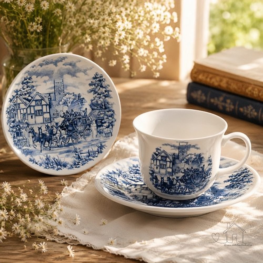 Jogo de Xícaras com Pires Donna Cena Inglesa Cor Off-white e Azul - 200ml - 4 unidades