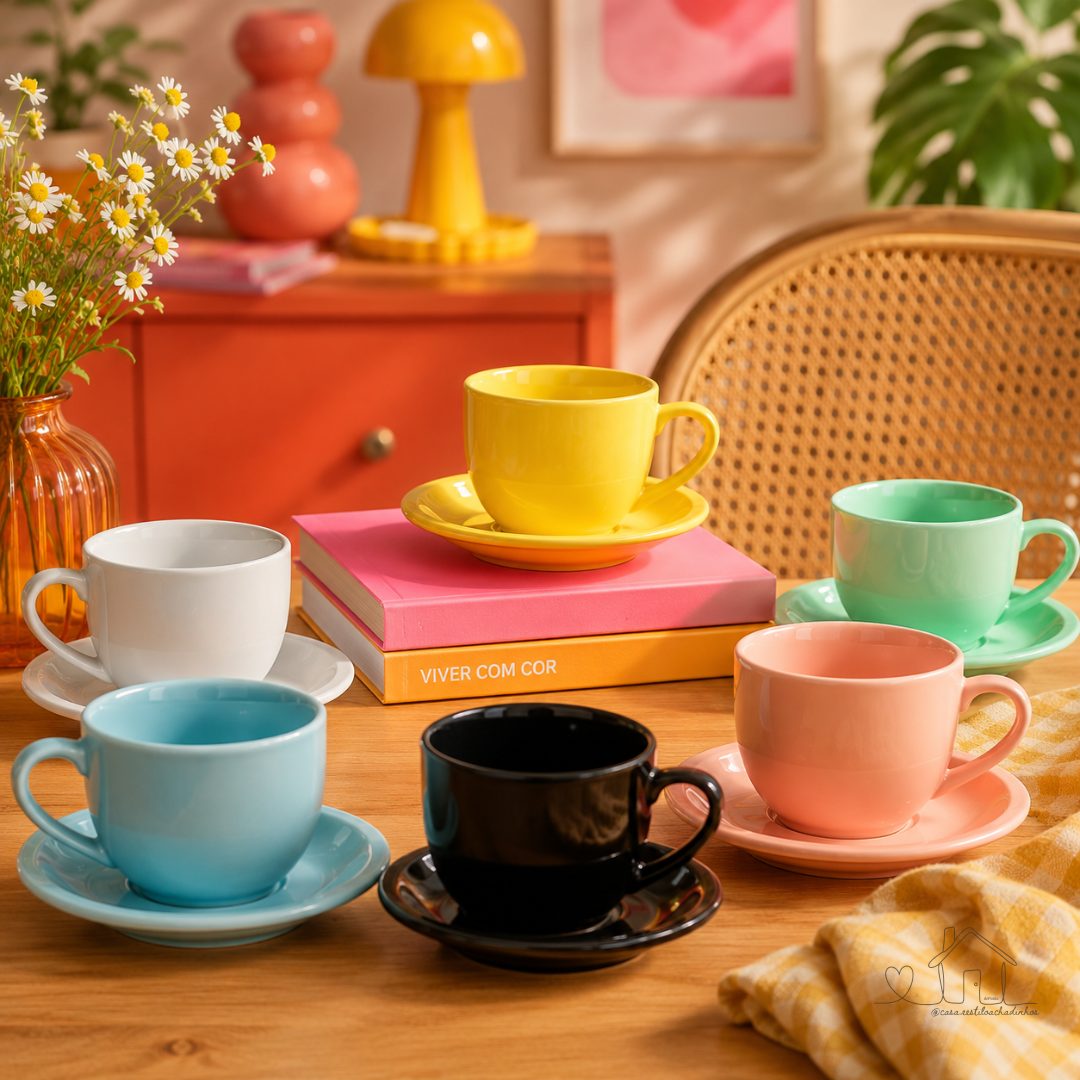 Jogo 6 Xicara Café Chá Porcelana 170ml Colorida com Pires - Mundo da Porcelana