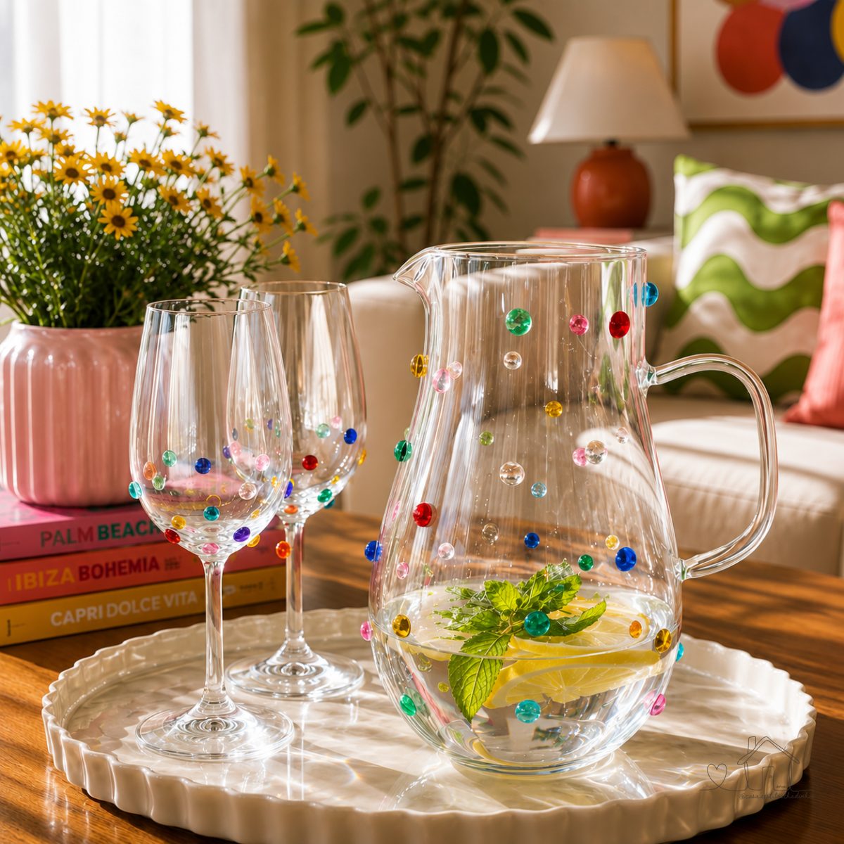 Jarra Àgua Suco Vidro  2 Litros  Decorada Com Mini Gemas Coloridas